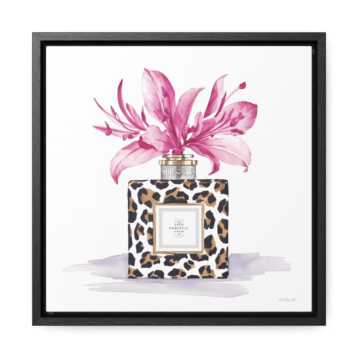 Square Frame Canvas Wall Art, Leopard Print Perfume Bottle with Pink Flowers, Feminine Fashion Decor - Gallery Canvas Wraps, Home Office - LOLA VEGAS ART