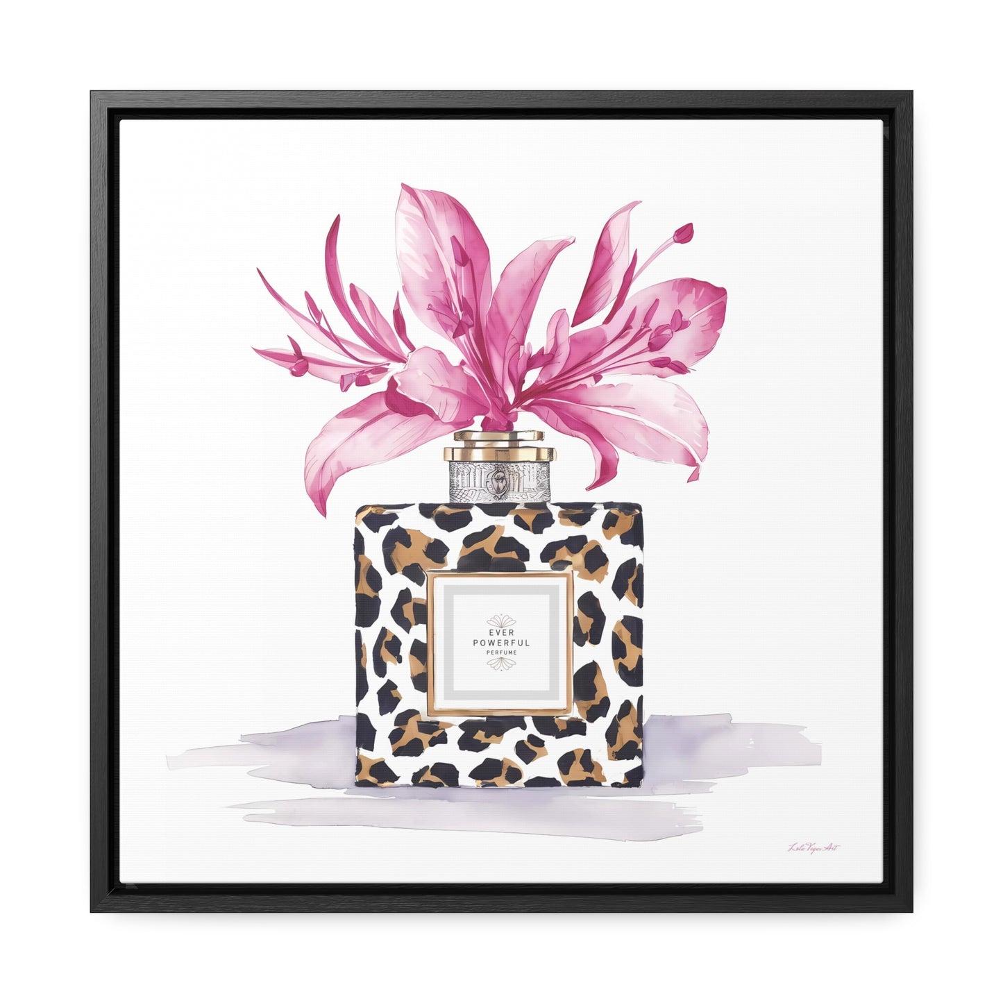 Square Frame Canvas Wall Art, Leopard Print Perfume Bottle with Pink Flowers, Feminine Fashion Decor - Gallery Canvas Wraps, Home Office - LOLA VEGAS ART