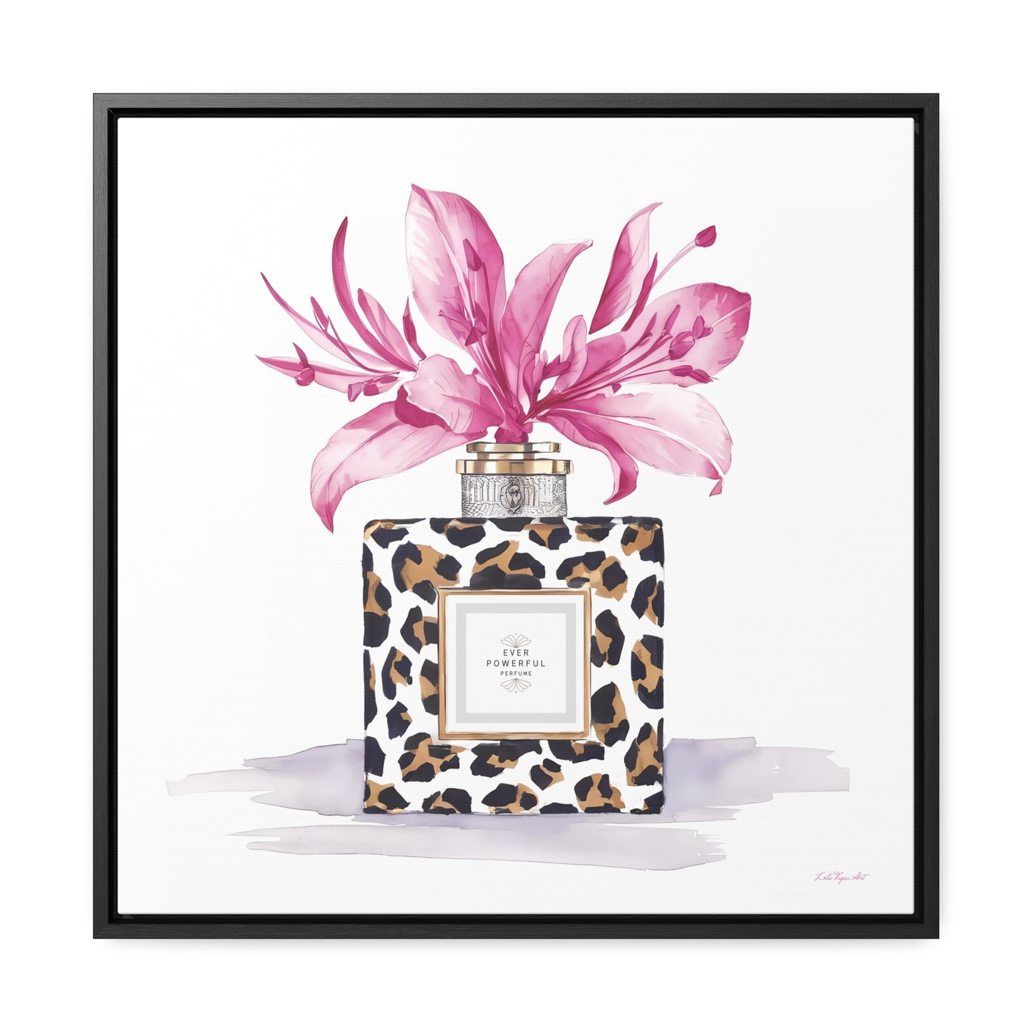 Square Frame Canvas Wall Art, Leopard Print Perfume Bottle with Pink Flowers, Feminine Fashion Decor - Gallery Canvas Wraps, Home Office - LOLA VEGAS ART