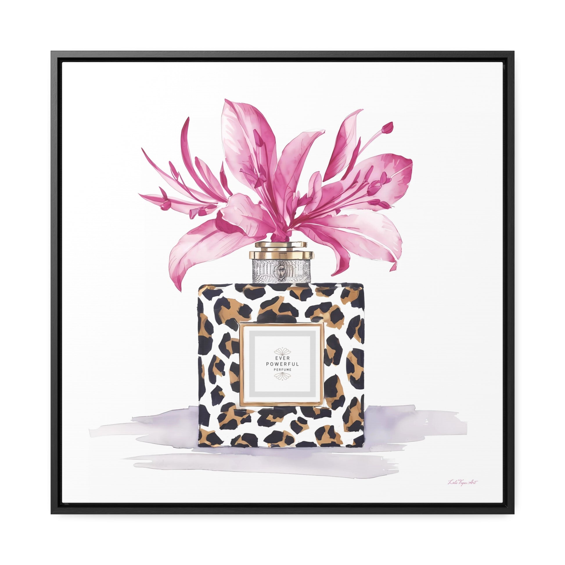 Square Frame Canvas Wall Art, Leopard Print Perfume Bottle with Pink Flowers, Feminine Fashion Decor - Gallery Canvas Wraps, Home Office - LOLA VEGAS ART