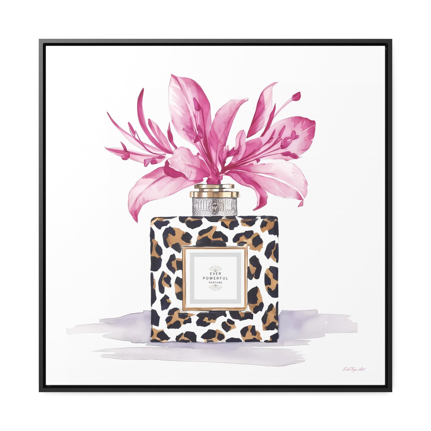 Square Frame Canvas Wall Art, Leopard Print Perfume Bottle with Pink Flowers, Feminine Fashion Decor - Gallery Canvas Wraps, Home Office - LOLA VEGAS ART