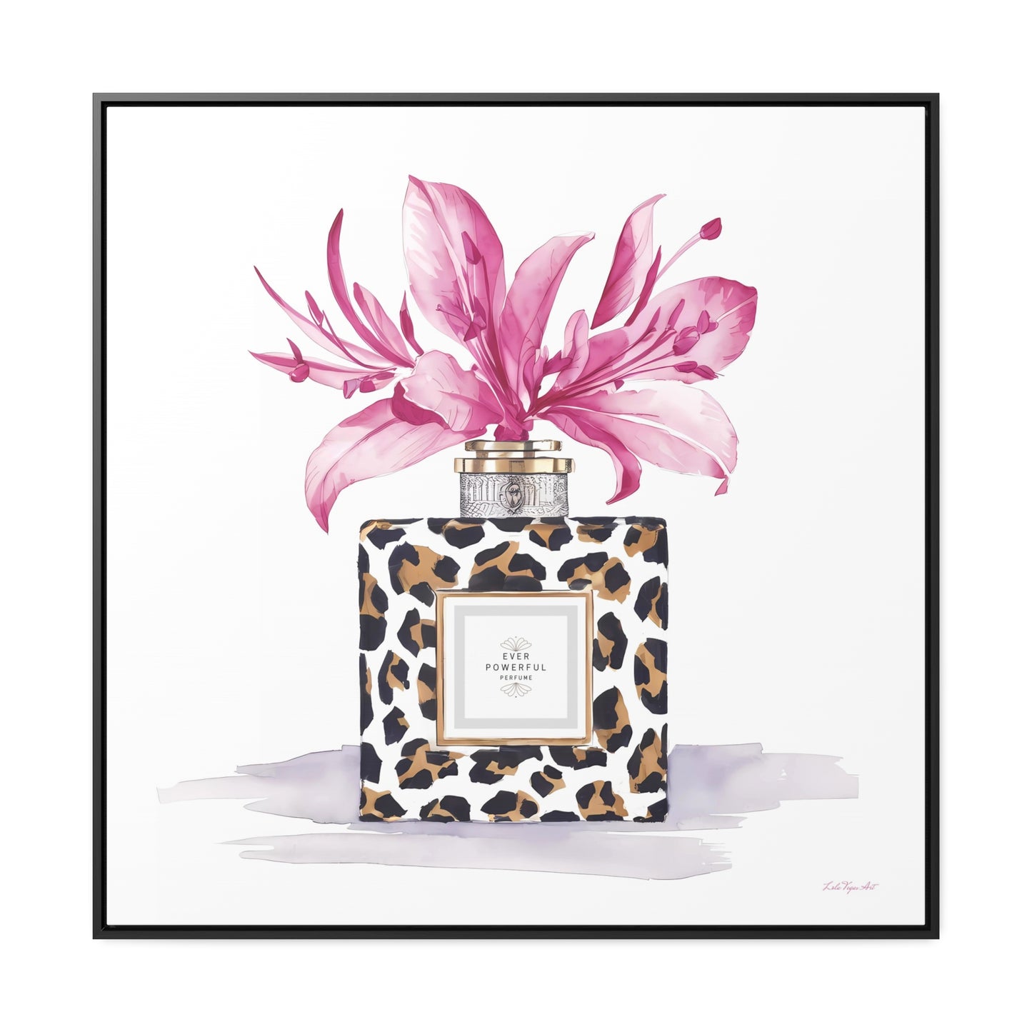 Square Frame Canvas Wall Art, Leopard Print Perfume Bottle with Pink Flowers, Feminine Fashion Decor - Gallery Canvas Wraps, Home Office - LOLA VEGAS ART