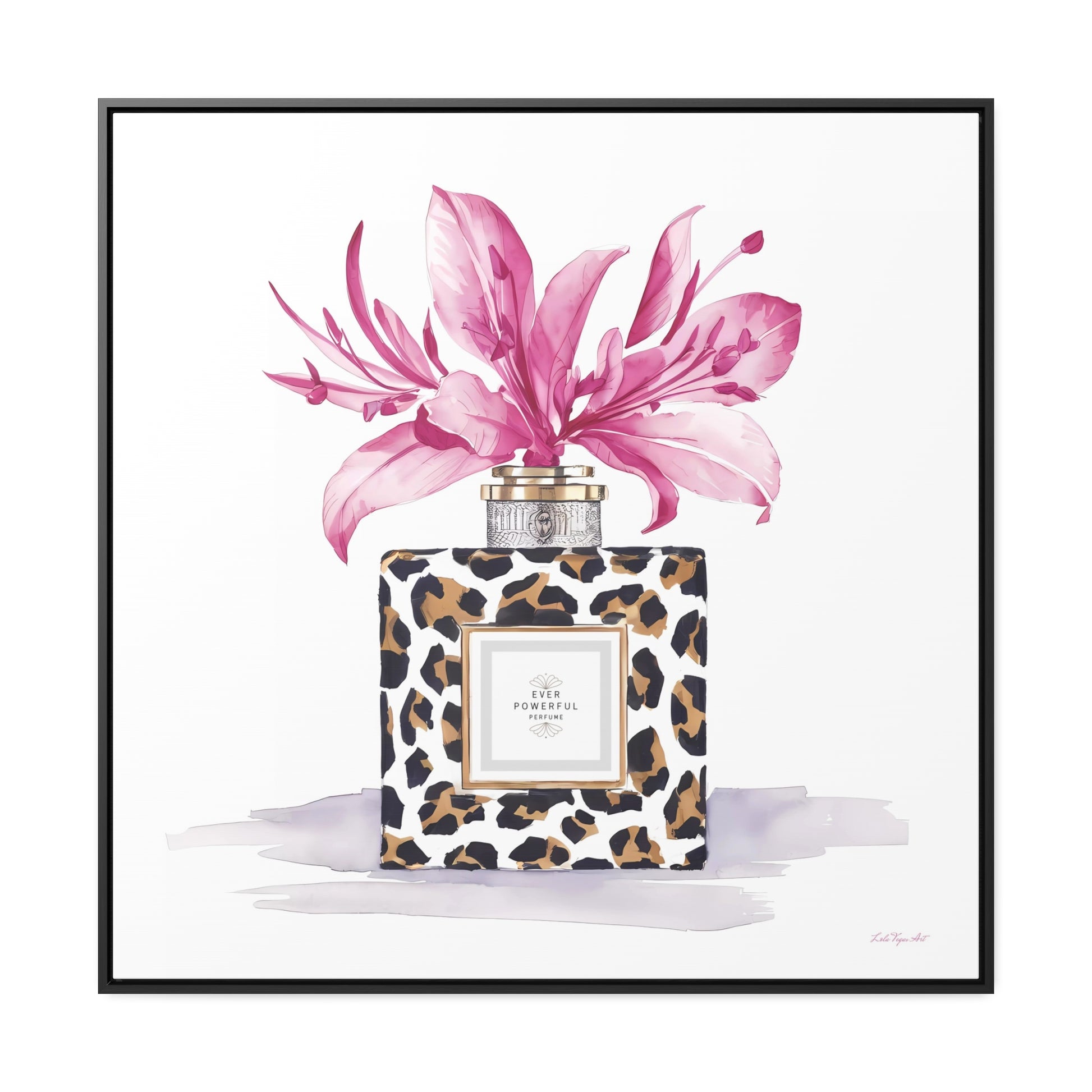 Square Frame Canvas Wall Art, Leopard Print Perfume Bottle with Pink Flowers, Feminine Fashion Decor - Gallery Canvas Wraps, Home Office - LOLA VEGAS ART