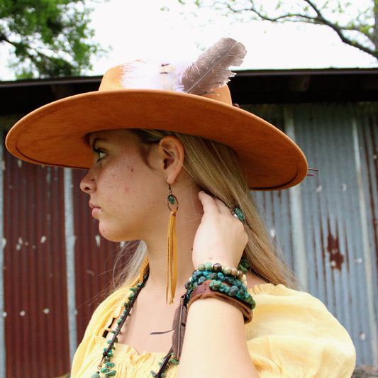 Turquoise Drop Earrings with Leather Tassel-Mustard 206f