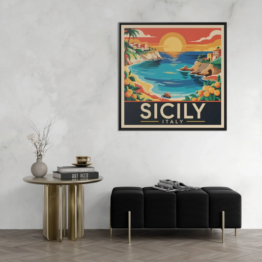 Framed Art Print: Vintage Sicilian Sunsets, Coastal Decor, Wall Art for Home, Gifts for Travel Enthusiasts, Italian Coastal Charm - LOLA VEGAS ART