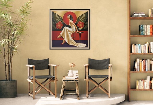 Art Deco Lady Red Green Beige Tropical Canvas Framed Wall Art | Matte Print