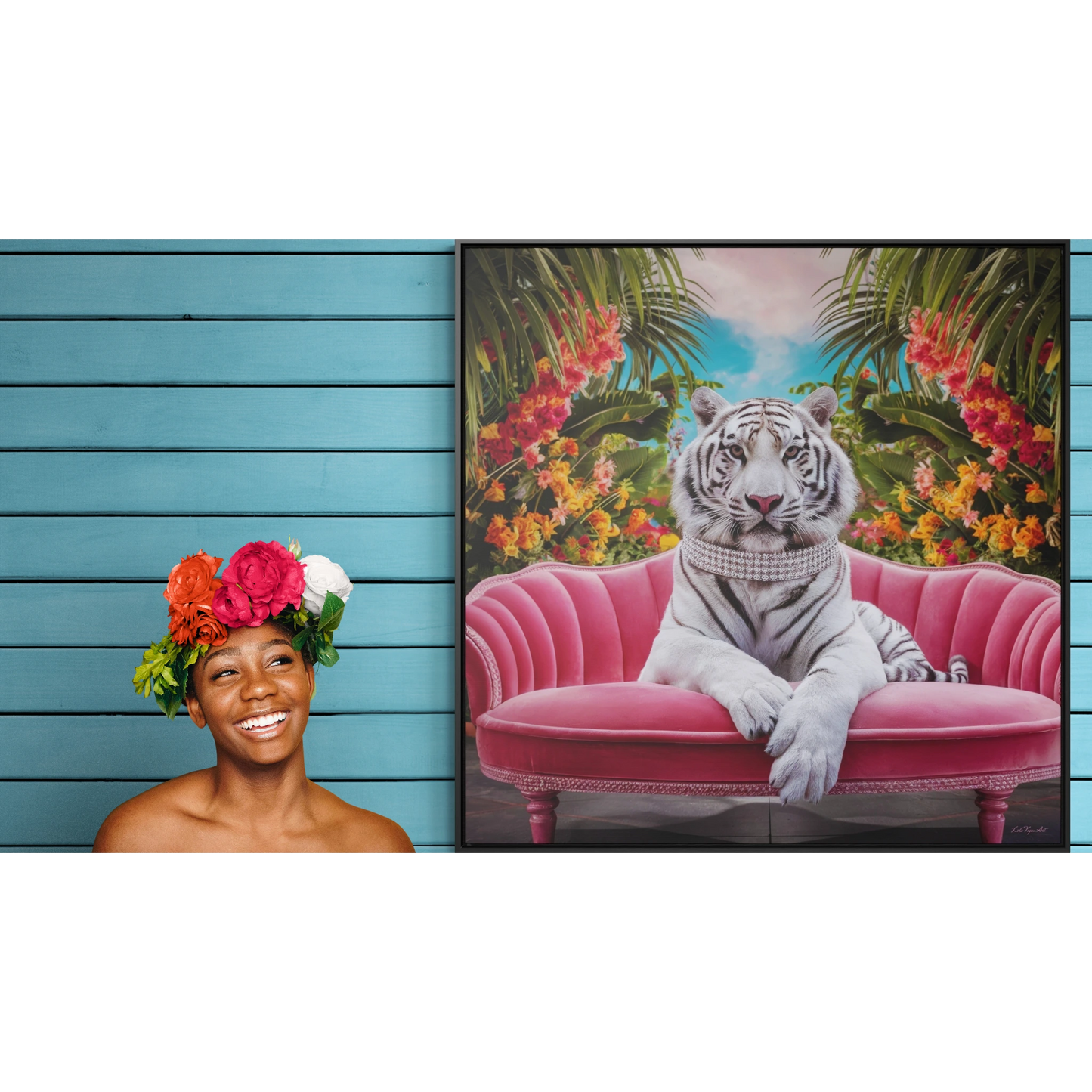 Square Frame Wall Art, Majestic White Tiger Diamond Collar Pink Velvet Couch Canvas, Tropical Flowers, Gallery Canvas Wraps - LOLA VEGAS ART