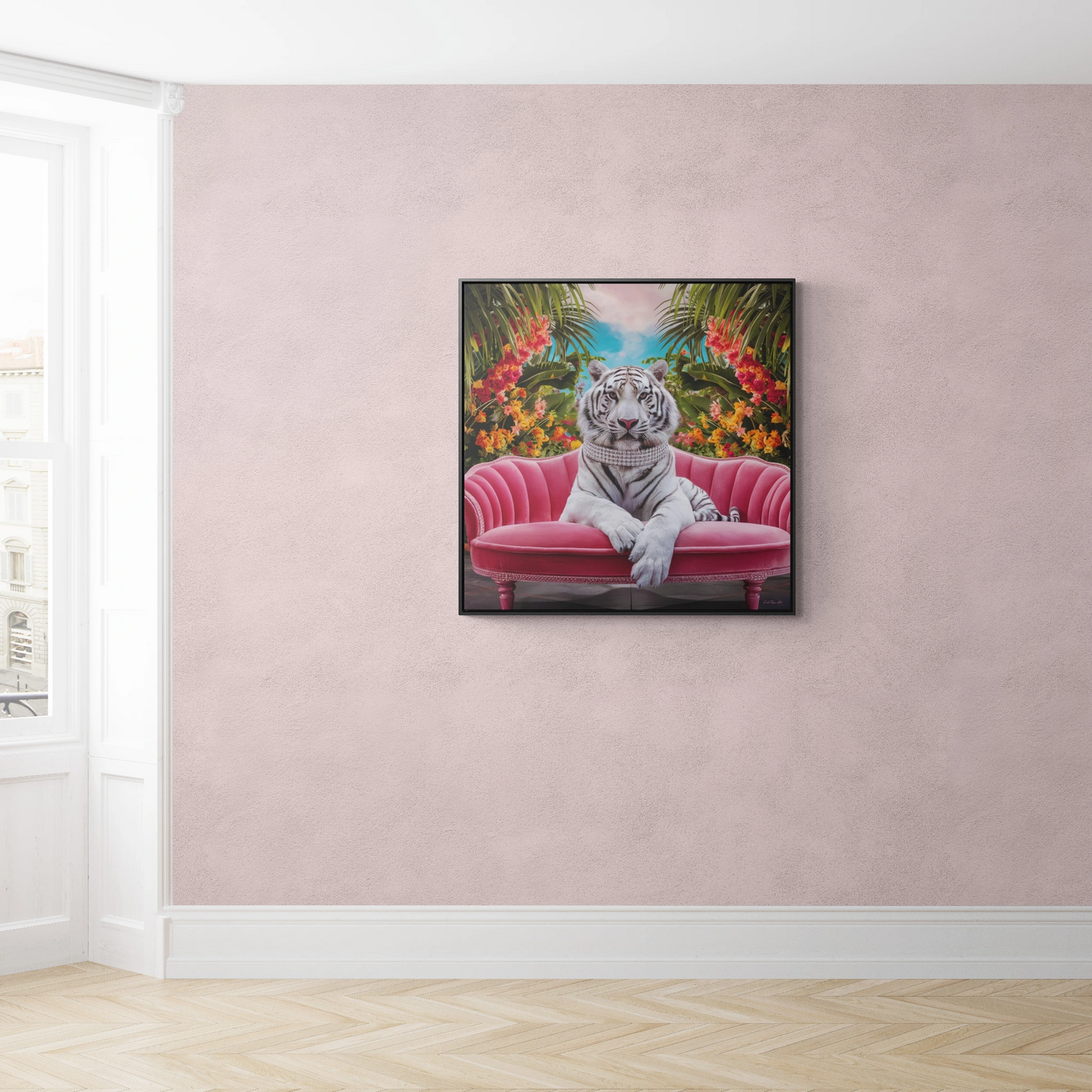 Square Frame Wall Art, Majestic White Tiger Diamond Collar Pink Velvet Couch Canvas, Tropical Flowers, Gallery Canvas Wraps - LOLA VEGAS ART