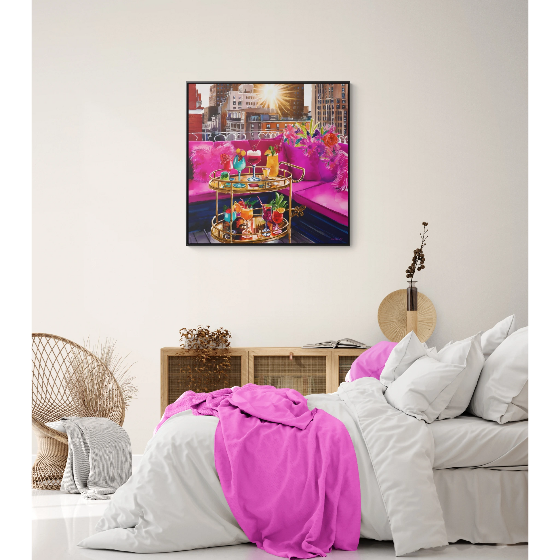 Fashionista Square Canvas Wall Art NYC Rooftop Deck, Hot Pink Couch, Cocktails, Glamorous & Feminine, Pink Decor, Trendy, Glam Girl - LOLA VEGAS ART