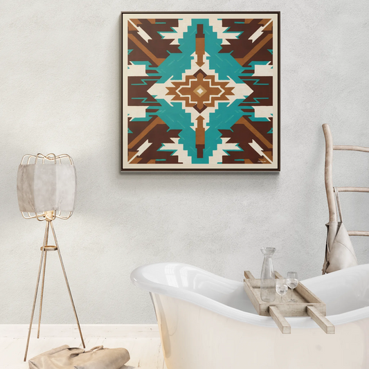Framed Canvas Art, Native American Boho Wall Decor, Ethnic Home Decoration, Square Frame, Gallery Canvas, Turquoise and Brown Design - LOLA VEGAS ART