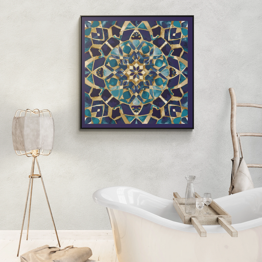 Moroccan Mosaic Canvas Wrap, Ethnic Square Frame Wall Art Painting - Blue and Tan Boho Home Decor, Gallery Artwork, Framed Picture, Living - LOLA VEGAS ART