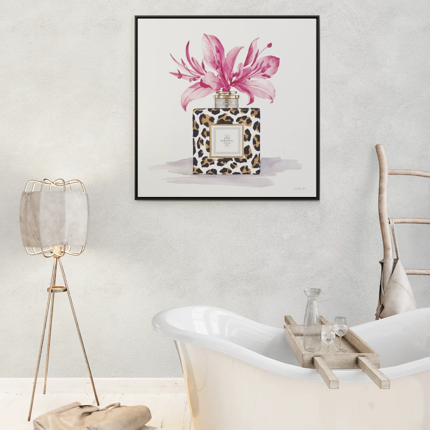 Square Frame Canvas Wall Art, Leopard Print Perfume Bottle with Pink Flowers, Feminine Fashion Decor - Gallery Canvas Wraps, Home Office - LOLA VEGAS ART