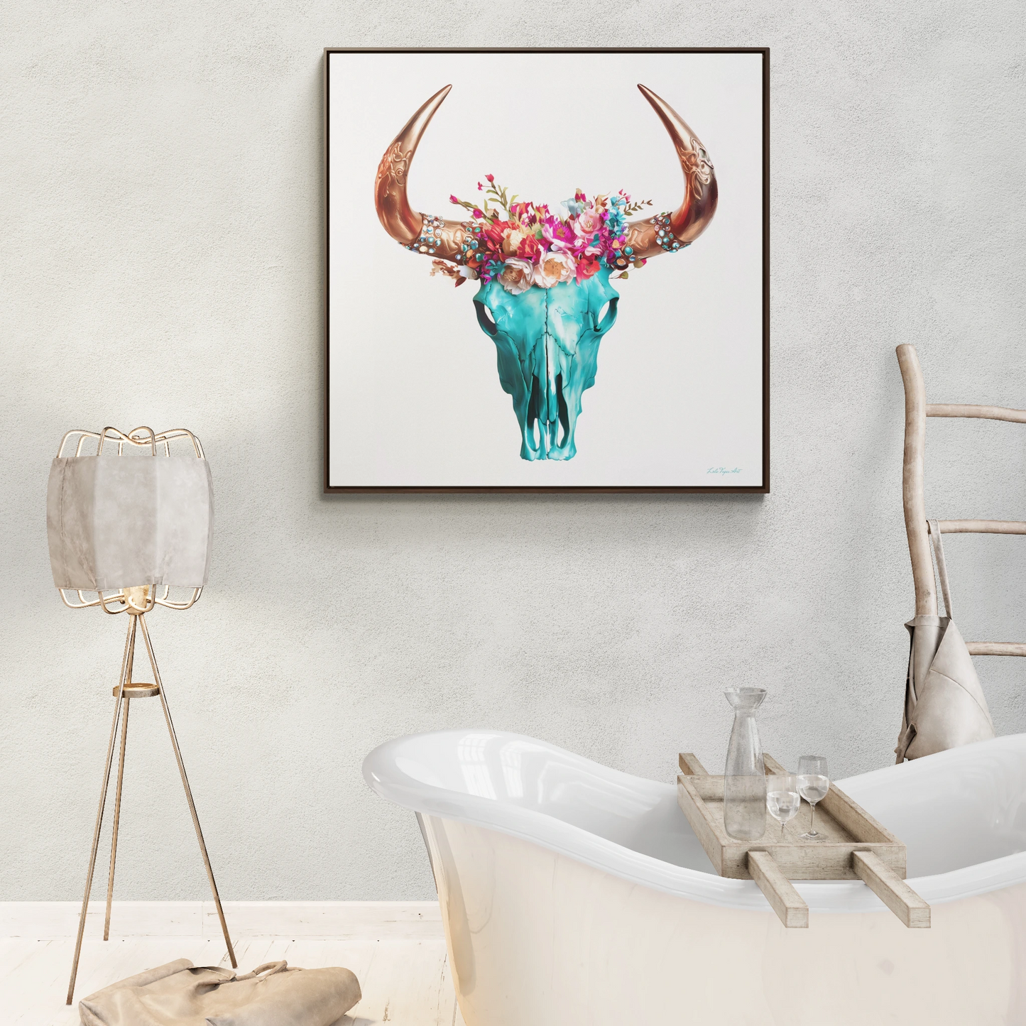 Boho Turquoise Skull Head Square Frame Gallery Canvas Wrap Wall Art, Eclectic N Chic, Hippie Floral Horns Decor, Southwest - LOLA VEGAS ART