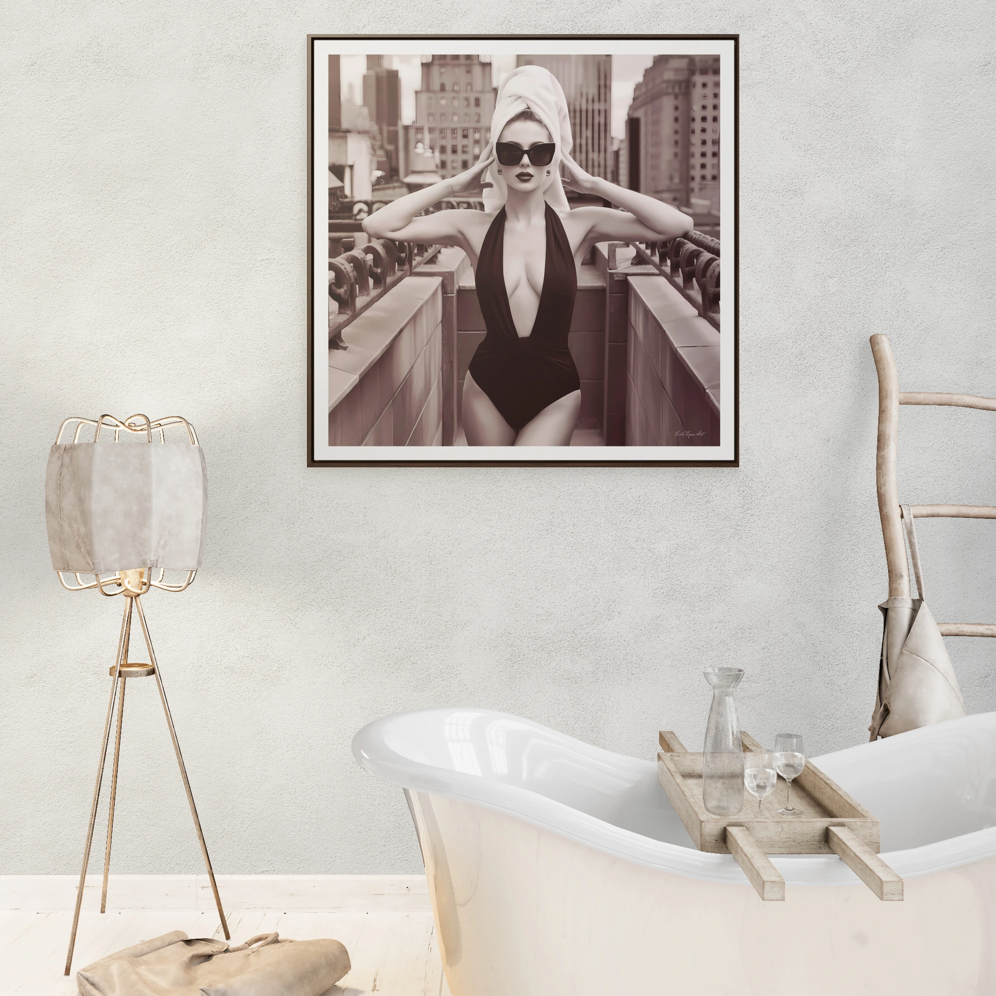 Fashion Model Sepia Art Canvas Wall Wrap, NYC Rooftop Glam Decor, Sexy Swimsuit Square Frame Art, Fashionista Wall Decor, City Chic Home - LOLA VEGAS ART