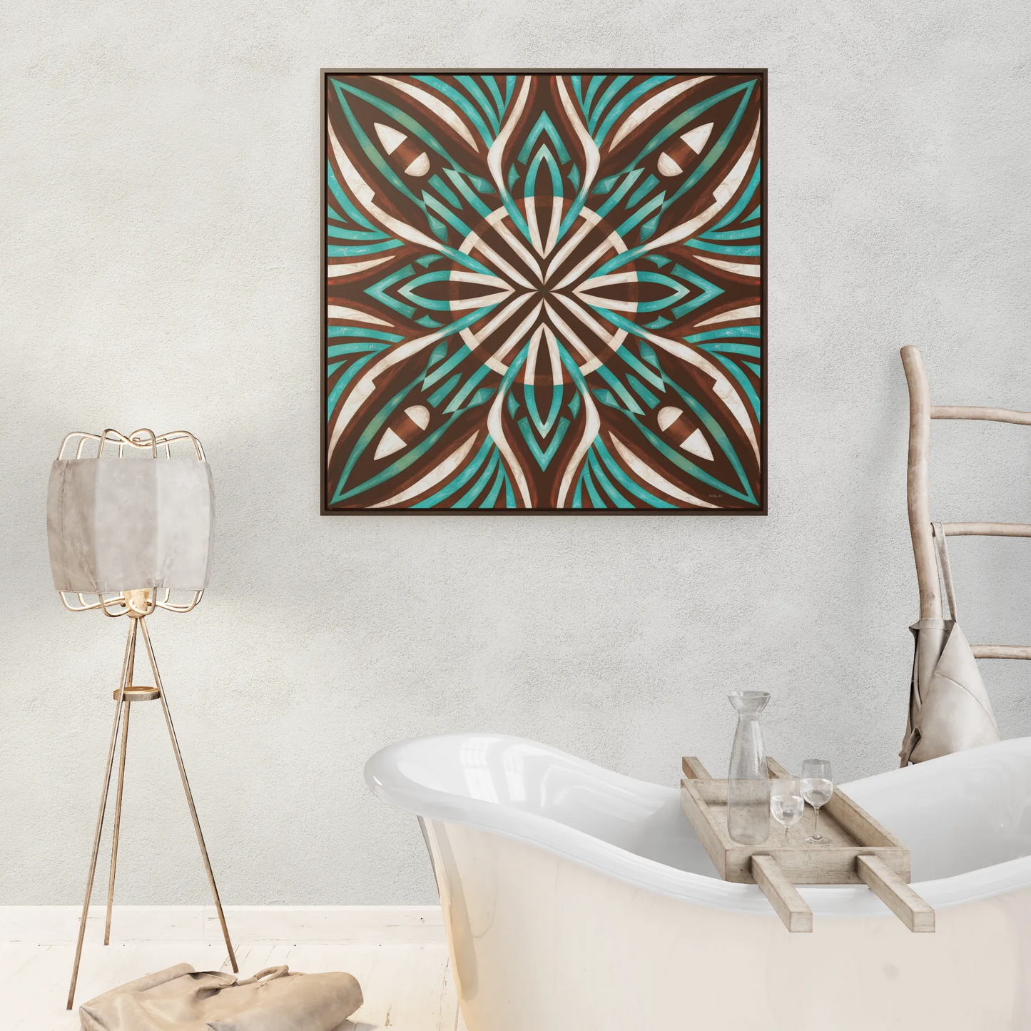 Southwestern Square Canvas Wall Art - Boho Ethnic Home Decor, Turquoise Brown White Frame, Gallery Canvas Wraps - LOLA VEGAS ART