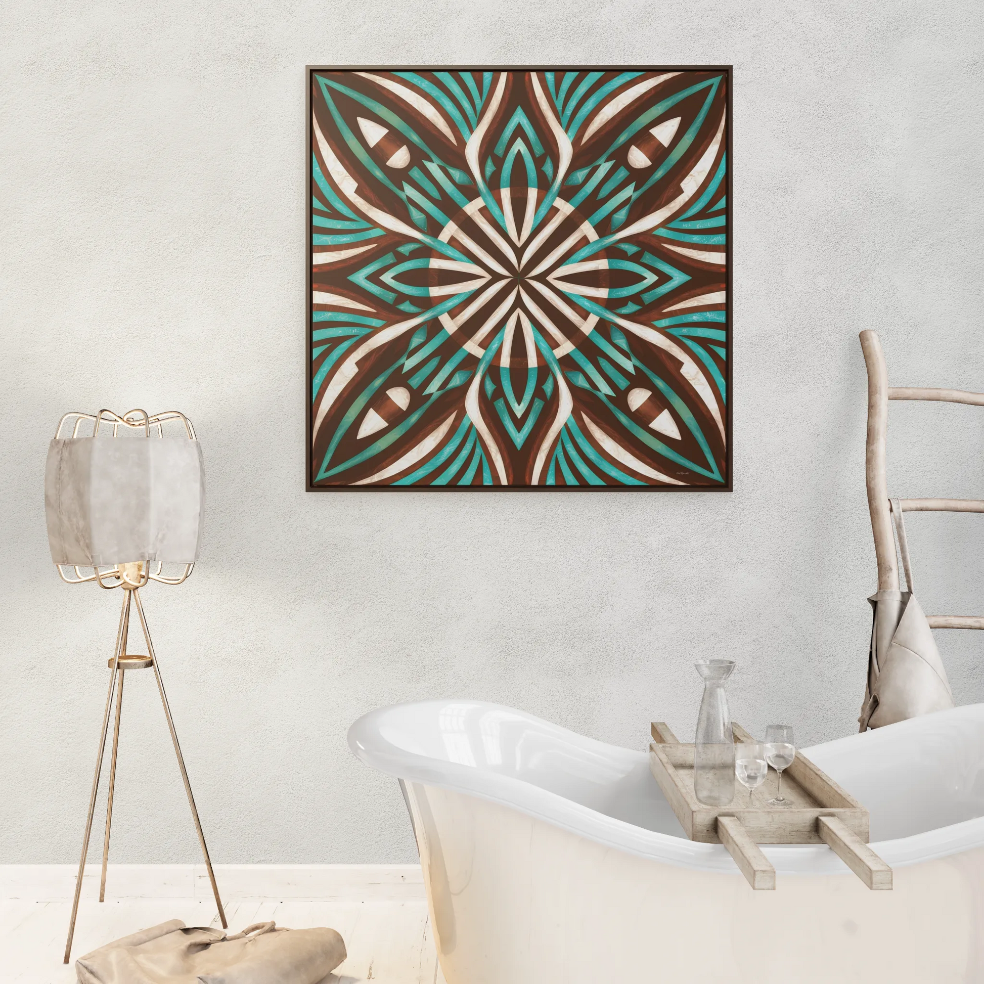 Southwestern Square Canvas Wall Art - Boho Ethnic Home Decor, Turquoise Brown White Frame, Gallery Canvas Wraps - LOLA VEGAS ART