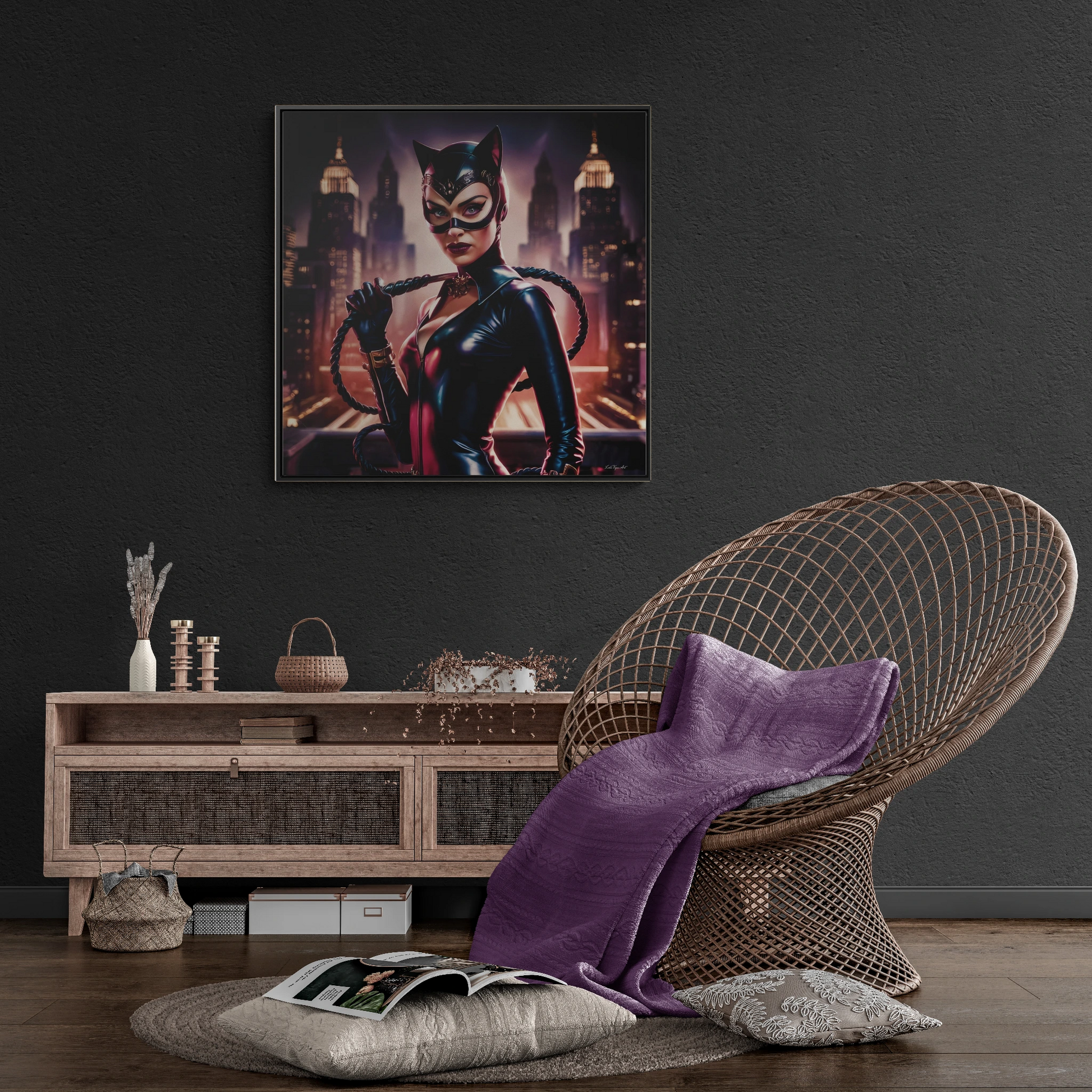 Catwoman Square Frame Canvas Wall Art, Retro Sexy Comic Villain Gallery Wrap, Gotham City Home Decor, Classic Catsuit Design, Bedroom Living - LOLA VEGAS ART