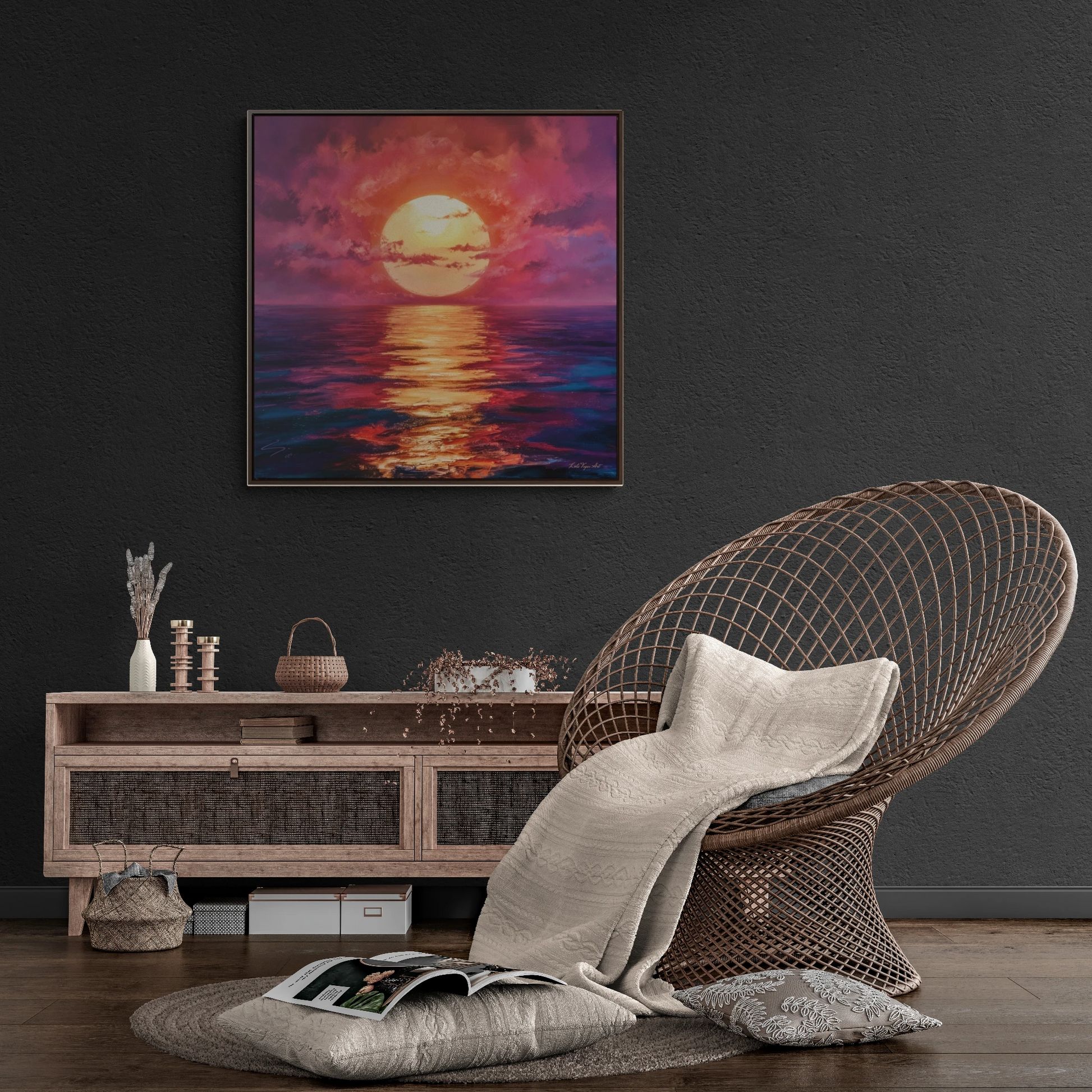 Canvas Wall Art, Moonlight Pink Orange Sky Square Frame Serenity Calmness Decor, Ocean Gallery Wrap, Home Office Decor, Beach House Gift, - LOLA VEGAS ART