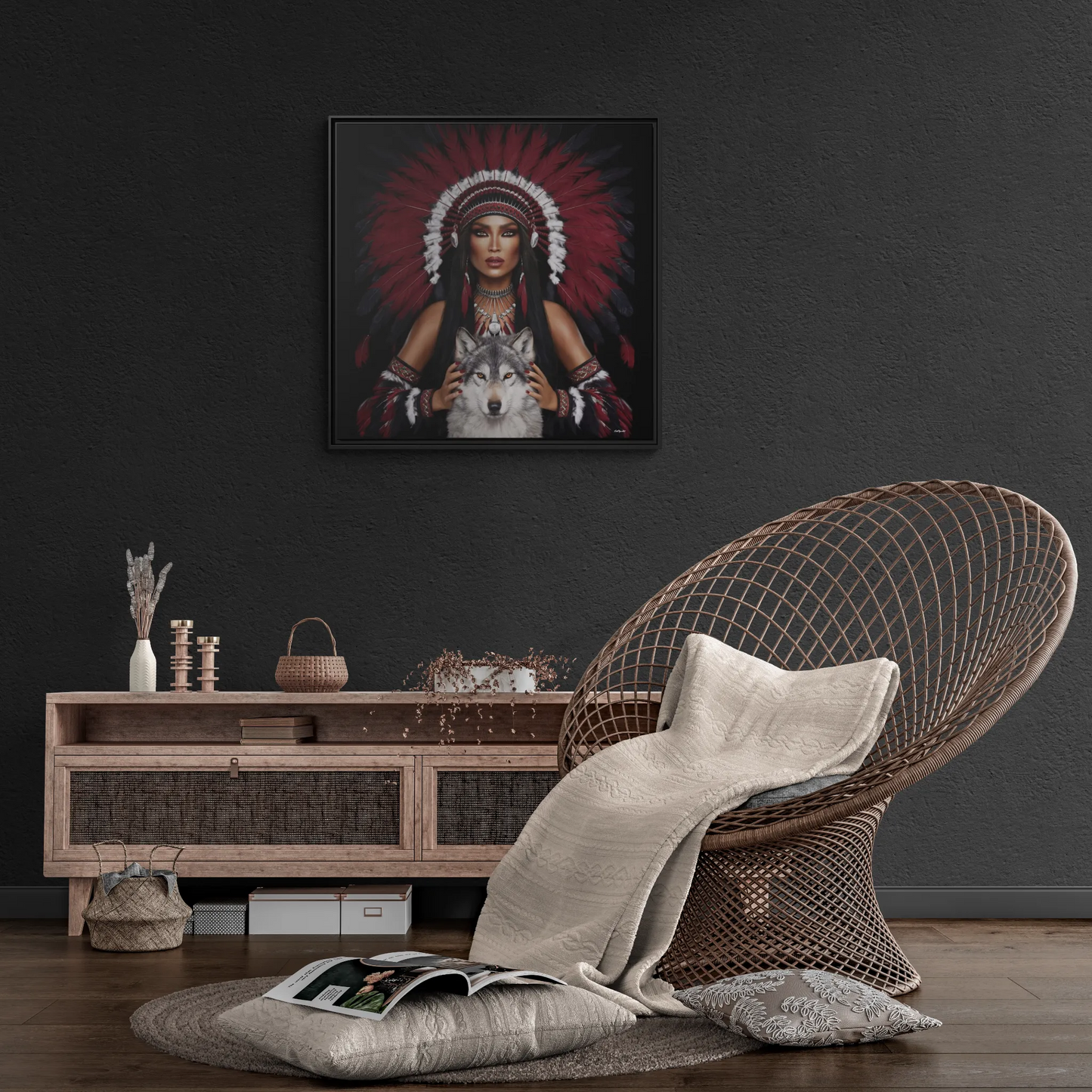 Canvas Wall Art,  Woman with White Wolf, Southwestern Home Decor, Square Framed Print, Multi-color, Burgundy Black Feather - LOLA VEGAS ART
