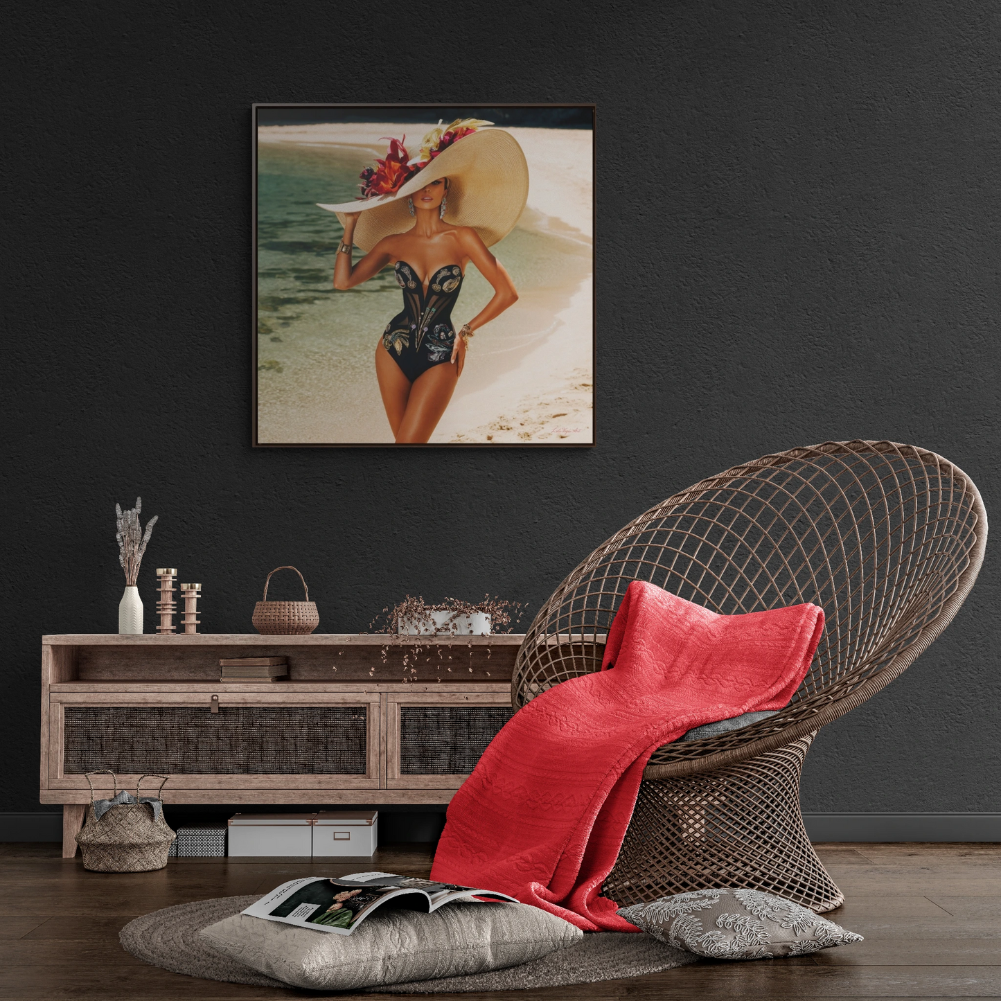 Square Frame Canvas Wall Art, Exotic Woman on Beach in Swimsuit, Retro Glamorous Decor, Gallery Prints, Sunhat Photography, Fine Art Home - LOLA VEGAS ART