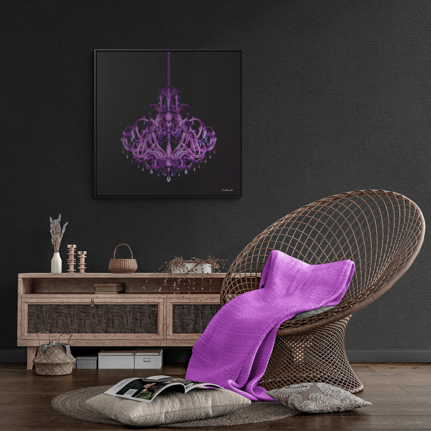 Gothic Crystal Chandelier Square Canvas, Elegant Dramatic Wall Art - Gallery Wraps, Square Frame, Purple Home Decor, Glamorous Gothic Art, - LOLA VEGAS ART