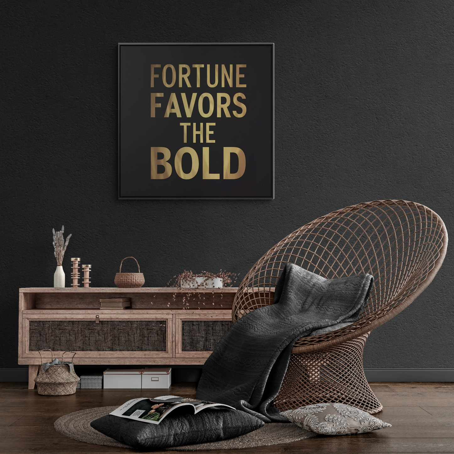 Inspirational Canvas Wall Art, Quote Fortune Favors The Bold, Black Square Frame, Ambitious Decor, Motivational Home Accent, Success Decor - LOLA VEGAS ART