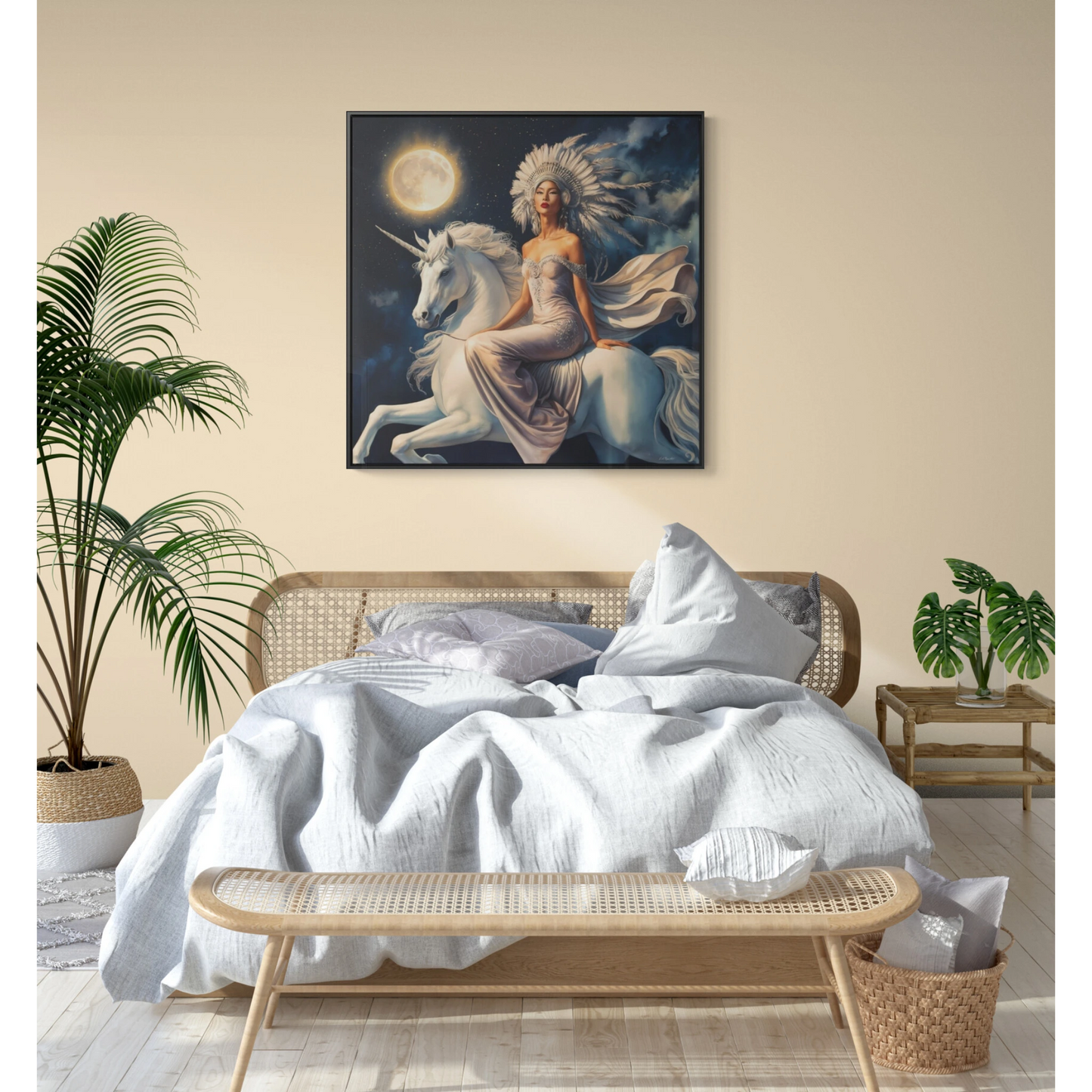 Fantasy Princess Unicorn Square Canvas Wall Art, Night Full Moon Square Frame, Nursery Decor, Boho Chic Gift, Home Decor - LOLA VEGAS ART