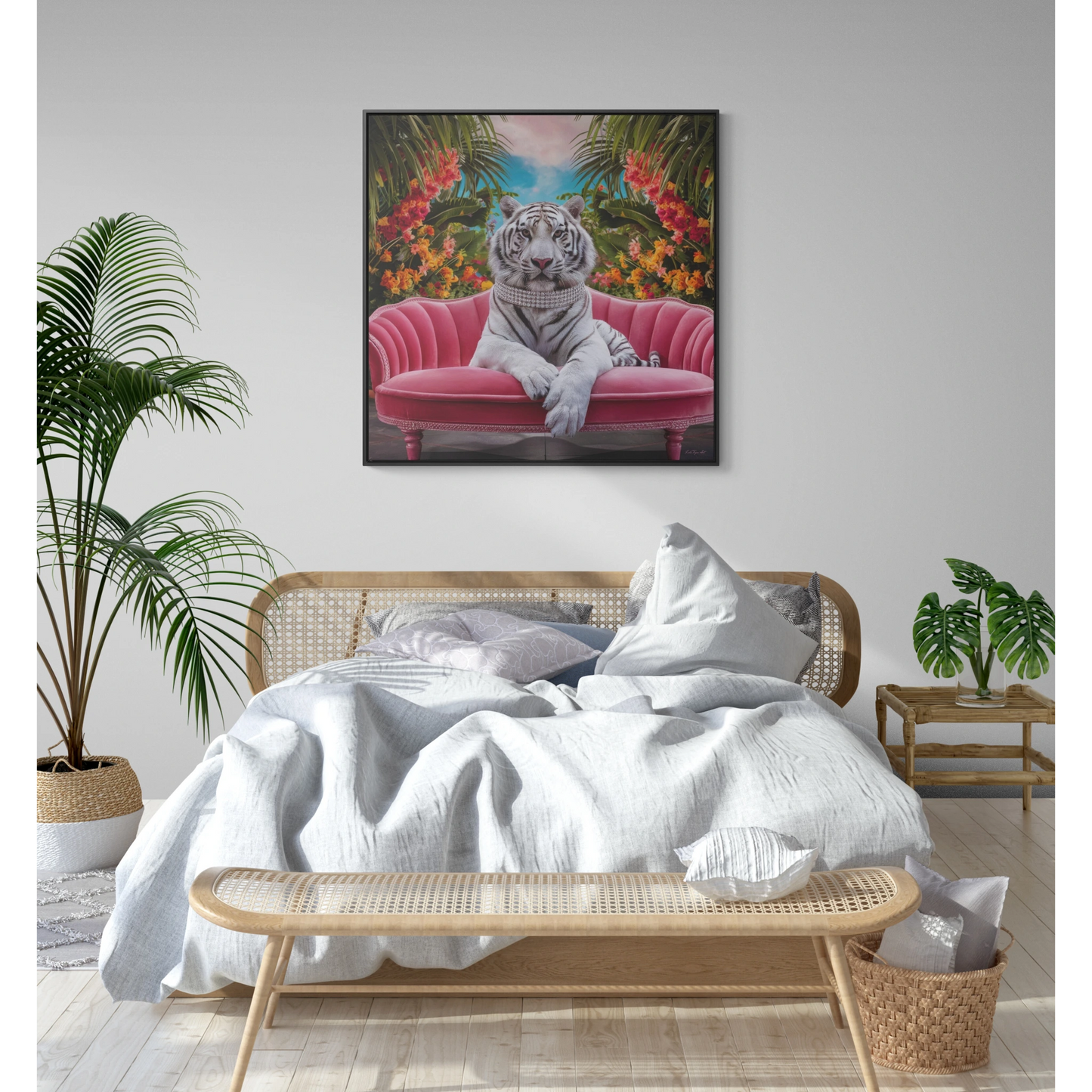Square Frame Wall Art, Majestic White Tiger Diamond Collar Pink Velvet Couch Canvas, Tropical Flowers, Gallery Canvas Wraps - LOLA VEGAS ART