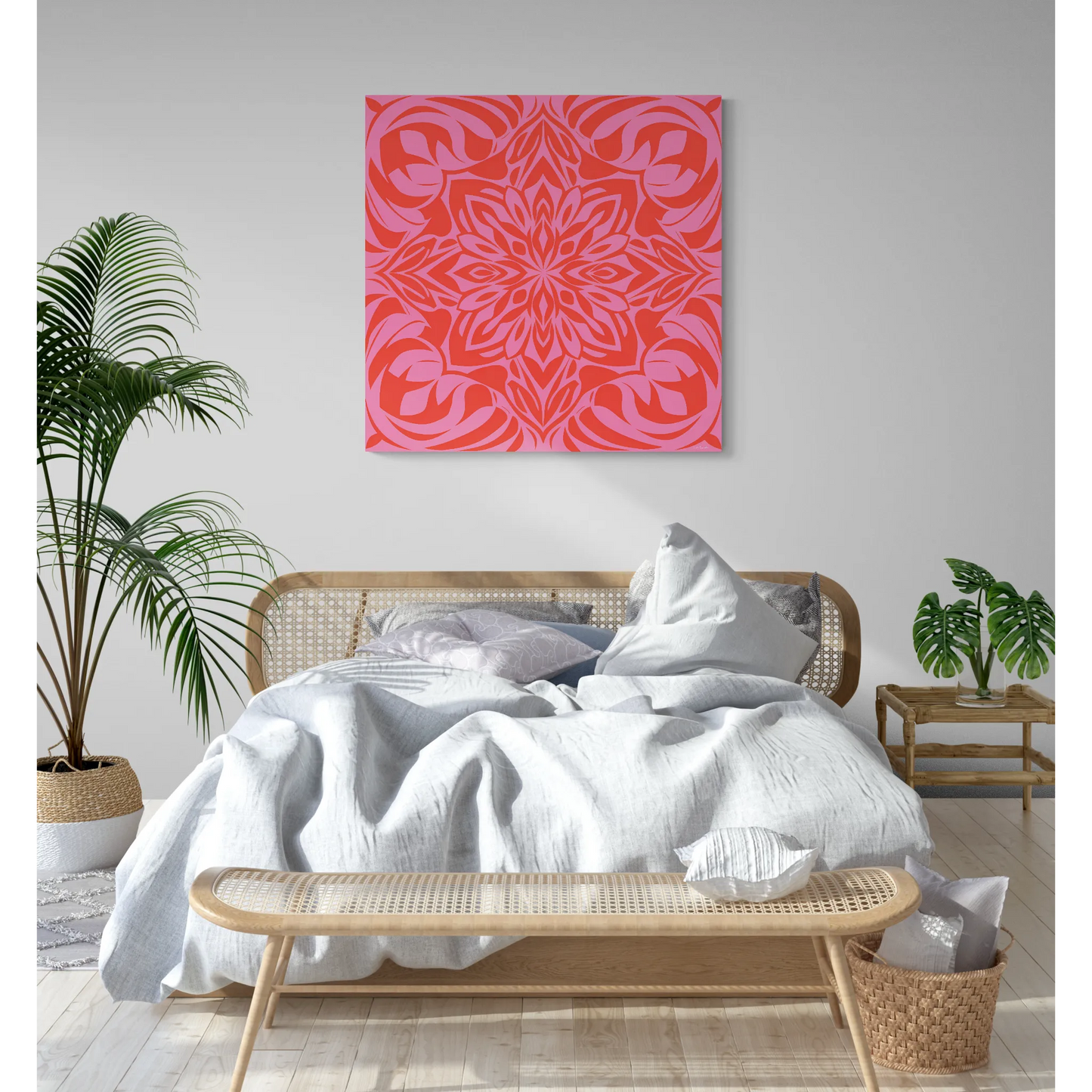 Canvas Wall Art, Pink and Orange Boho Design, Feminine Home Decor, Square, Stretched, 1 25" Matte Canvas, Bohemian Chic, Artwork Print, - LOLA VEGAS ART