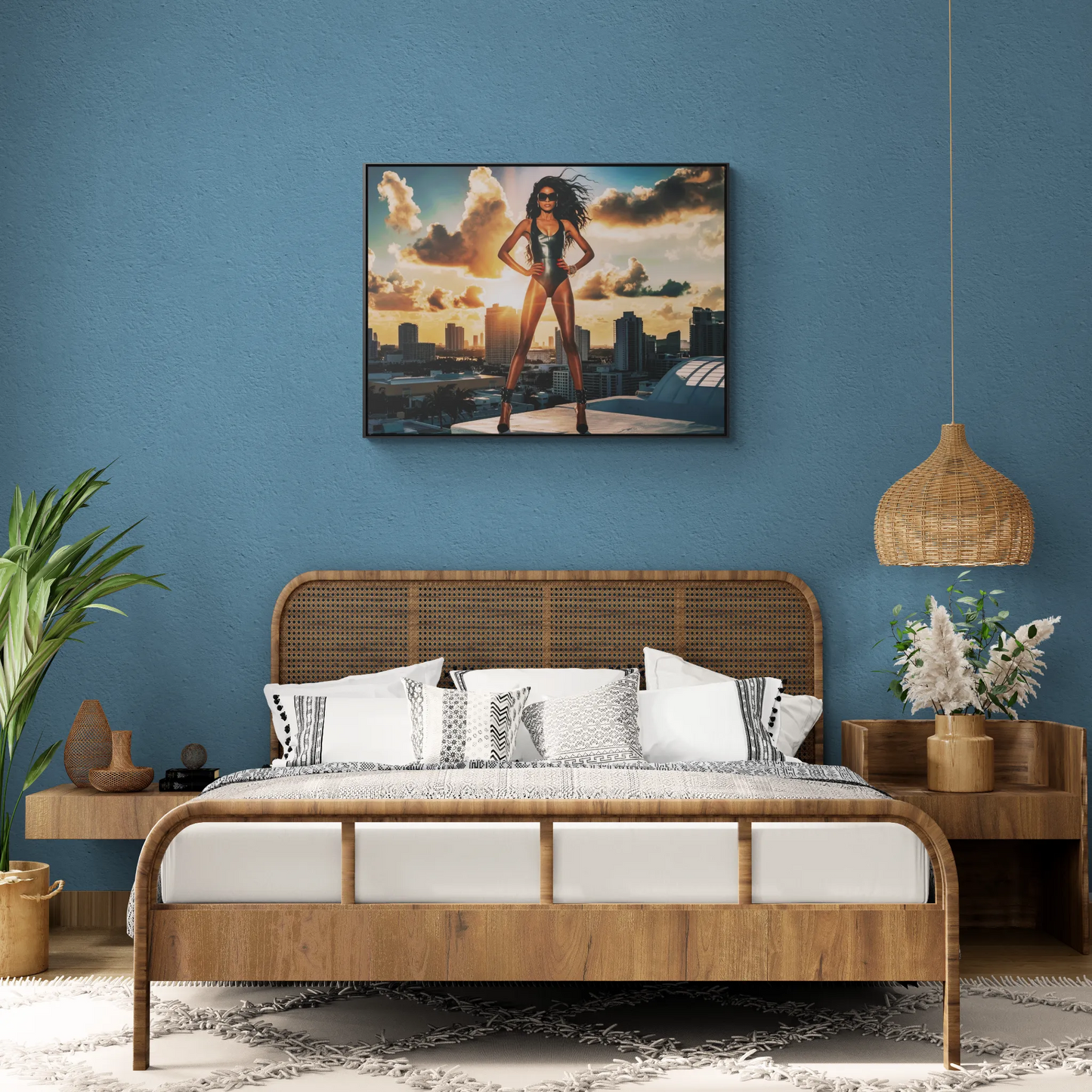 Canvas Wall Art, African American Model in Swimsuit with Miami Skyline, Fashion Decor, Horizontal Frame Home Decor, Gallery Wrap Print - LOLA VEGAS ART