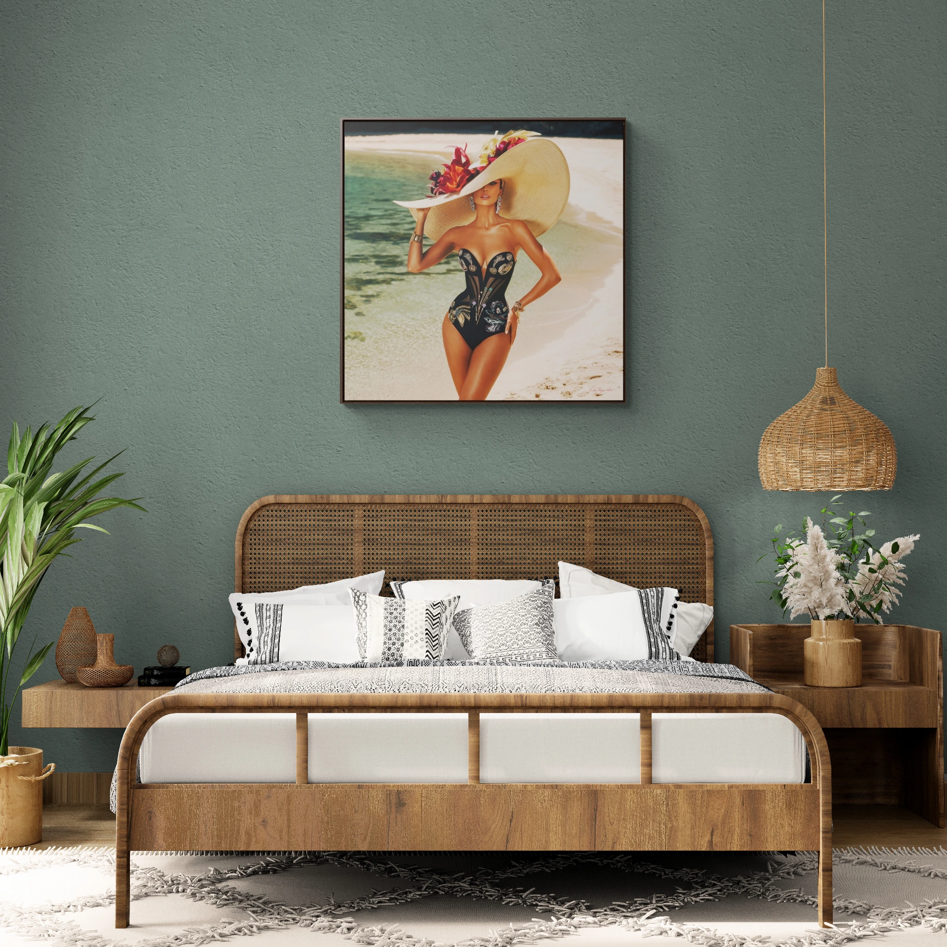 Square Frame Canvas Wall Art, Exotic Woman on Beach in Swimsuit, Retro Glamorous Decor, Gallery Prints, Sunhat Photography, Fine Art Home - LOLA VEGAS ART