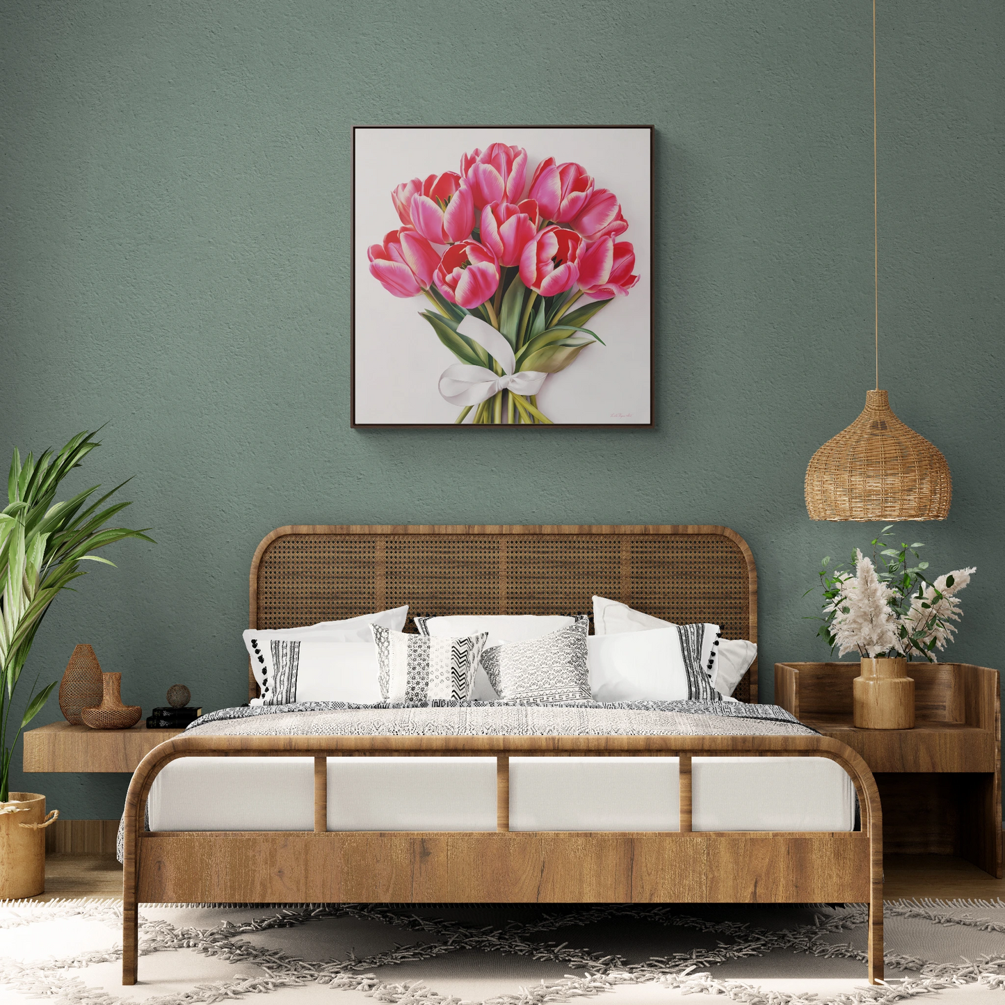 Square Frame Canvas Wall Art, Feminine Pink Tulips Bouquet Gallery Wrap, Home Decor Gift, Floral Print, Living Room Decoration - LOLA VEGAS ART