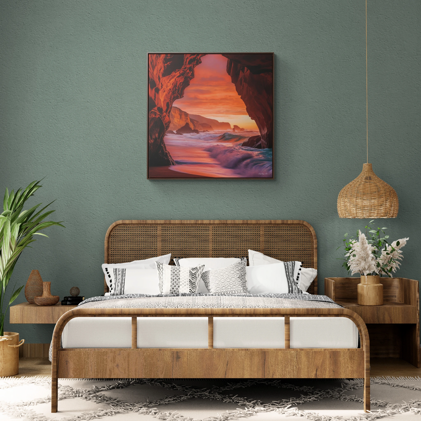 Ocean Beach Sunset Square Framed Canvas Wall Art, Coastal Gallery Canvas Wraps, Square Frame Decor, Beach Cave View Art Print Gift, Home - LOLA VEGAS ART