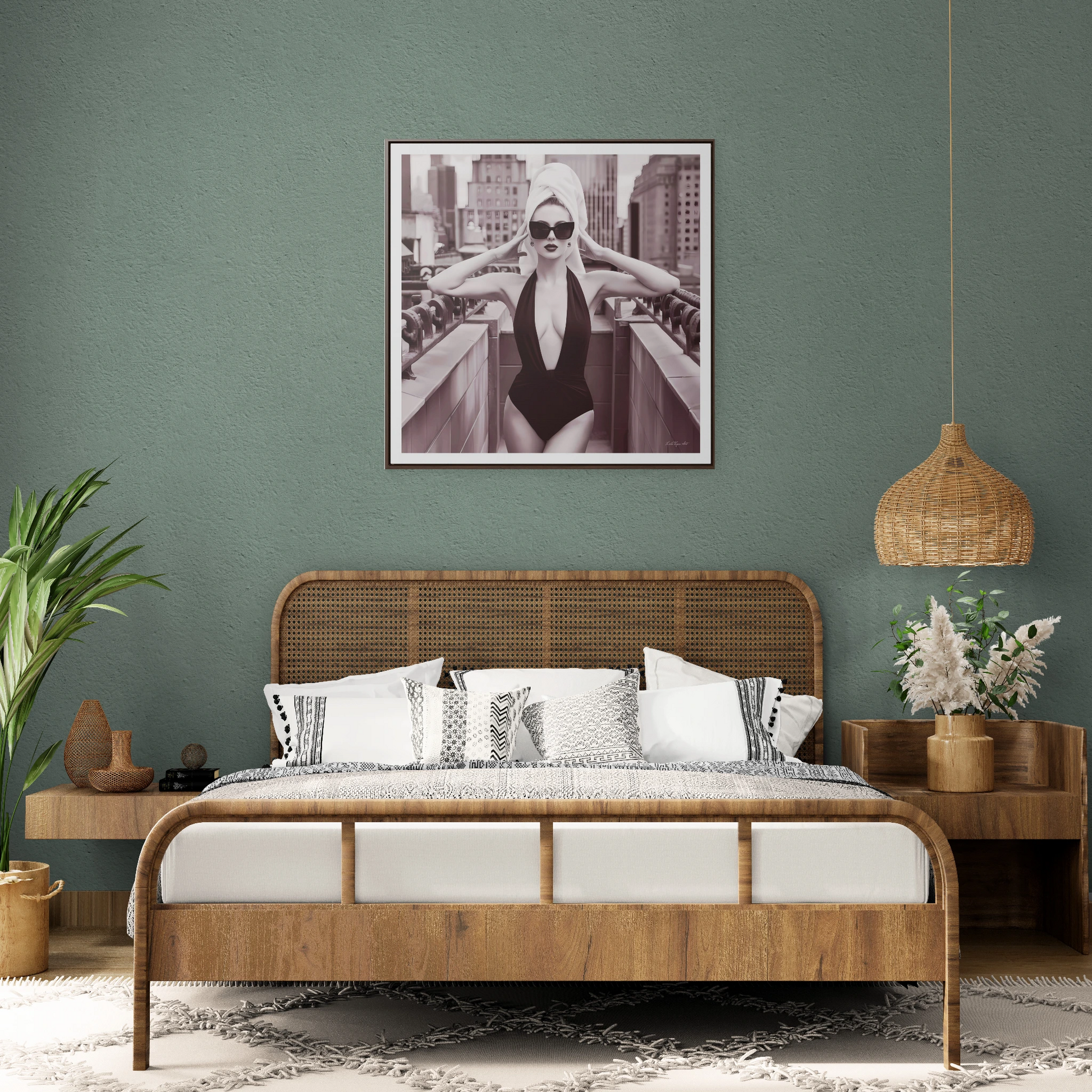 Fashion Model Sepia Art Canvas Wall Wrap, NYC Rooftop Glam Decor, Sexy Swimsuit Square Frame Art, Fashionista Wall Decor, City Chic Home - LOLA VEGAS ART