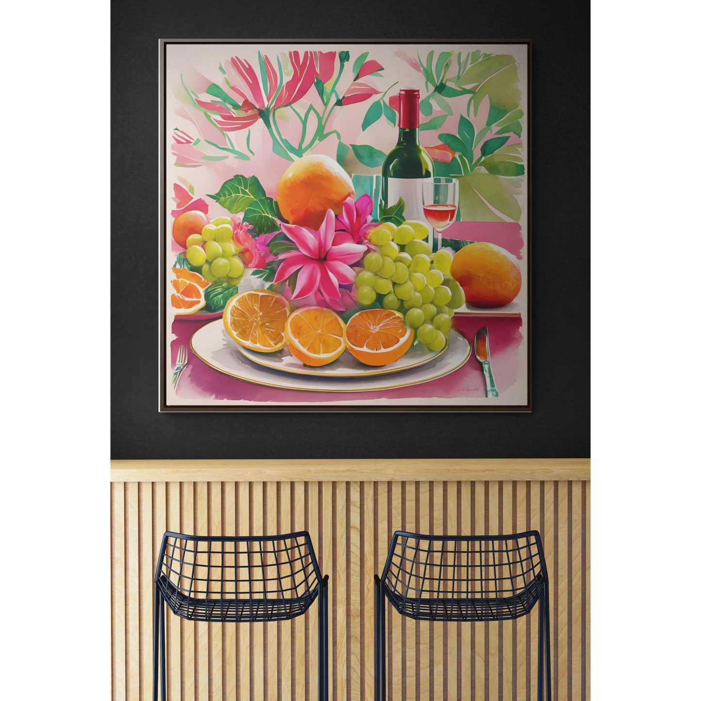 Feminine Square Wall Art, Gallery Canvas Wraps for Sunday Brunch, Pink Decor, Fruit Flowers Champagne, Gift for Her, Home Decor, Square - LOLA VEGAS ART