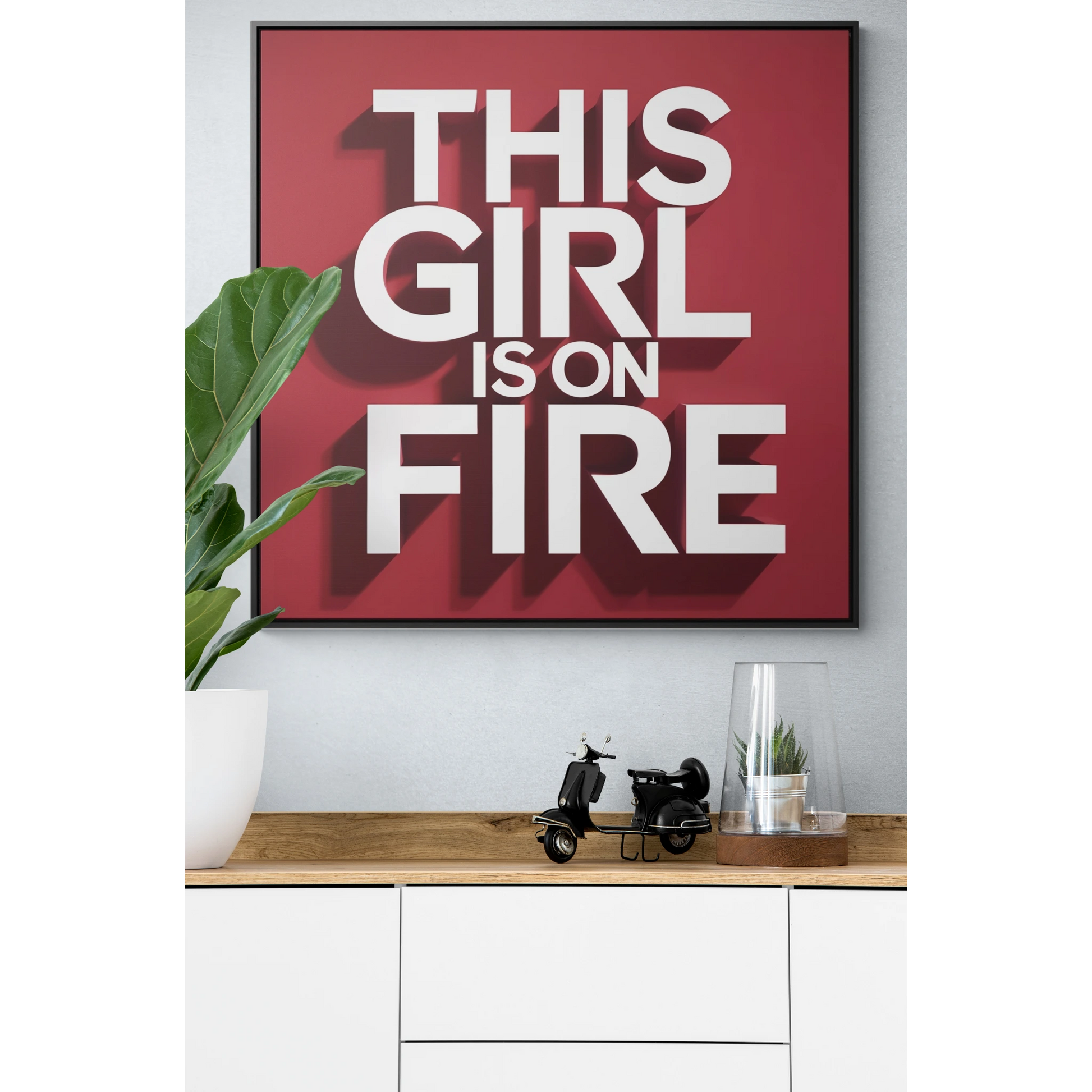 Canvas Wall Art, Female Empowerment Decor, Typography Square Frame, This Girl is on Fire, Trendy Red and White Home Decor, Gallery Wrap - LOLA VEGAS ART