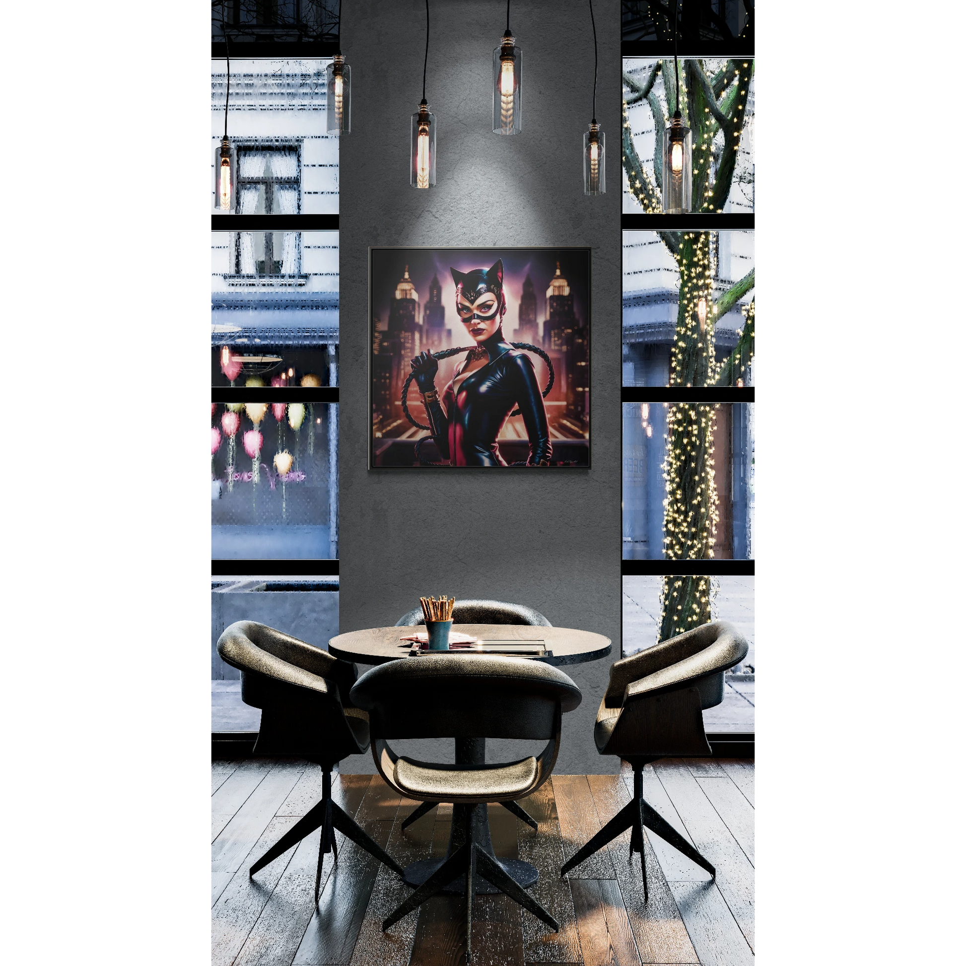 Catwoman Square Frame Canvas Wall Art, Retro Sexy Comic Villain Gallery Wrap, Gotham City Home Decor, Classic Catsuit Design, Bedroom Living - LOLA VEGAS ART