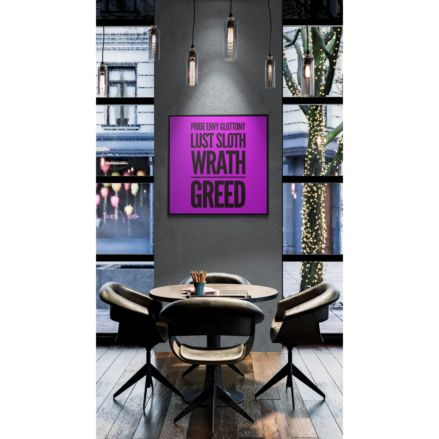 Square Frame Wall Art Canvas, Typography 7 Deadly Sins Magenta Background, Cool Statement Piece, Gallery Canvas Wrap Print, Home Decor - LOLA VEGAS ART