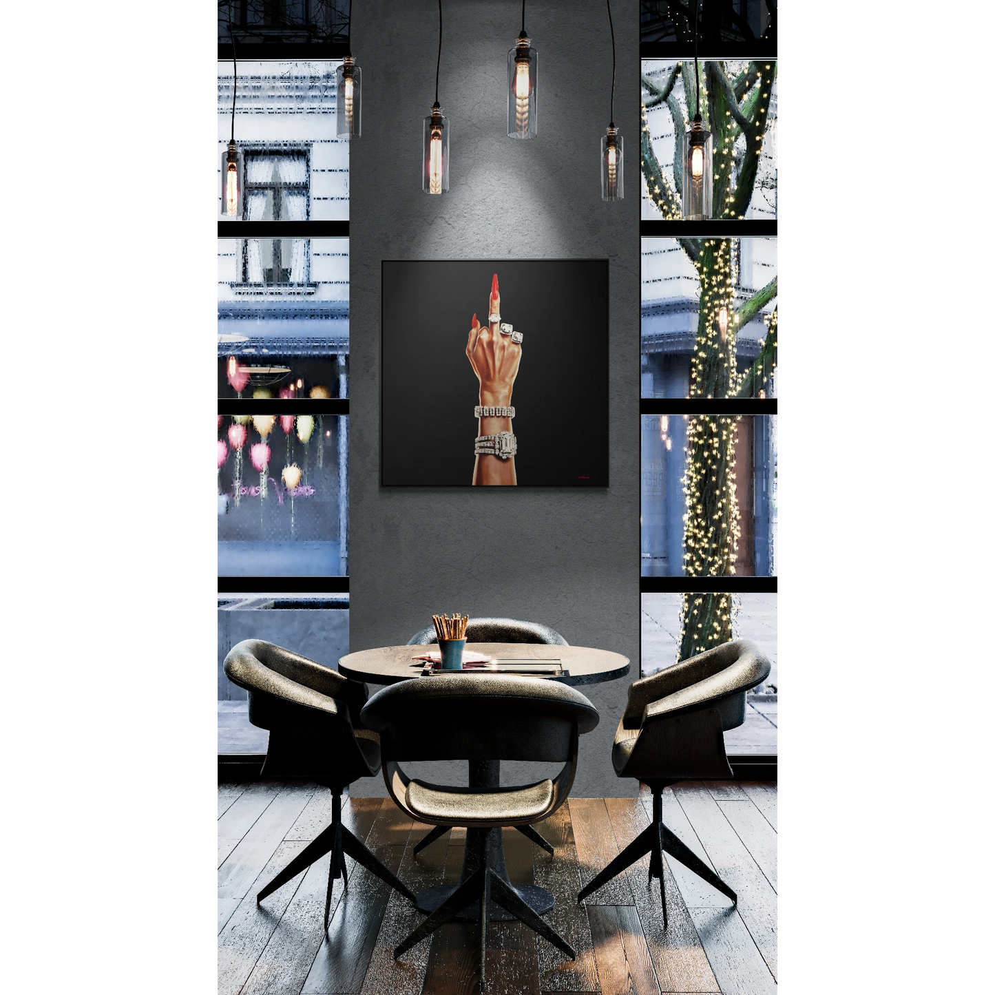 Canvas Wall Art, Feminist Artwork, Square Frame Decor, Bold Female Power, Glamorous Diamond Design, Rich Woman Flipping the Bird, Audacious - LOLA VEGAS ART