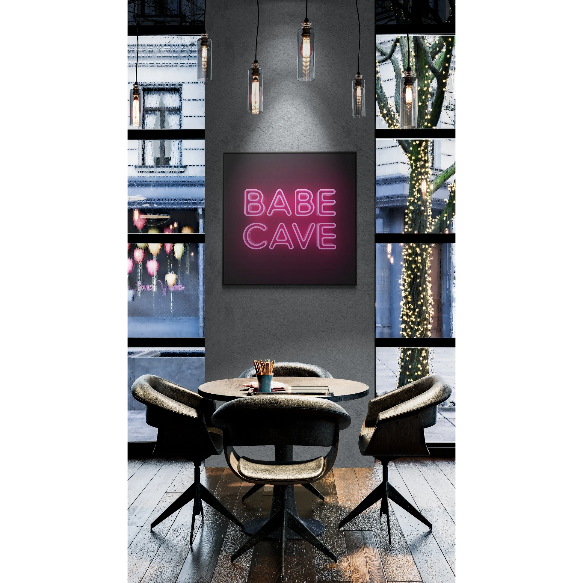 Canvas Wall Art Babe Cave, Feminine Pink Neon Typography Square Framed Decor, Square Frame Wall Hanging, Trendy Gallery Canvas Print, Home - LOLA VEGAS ART
