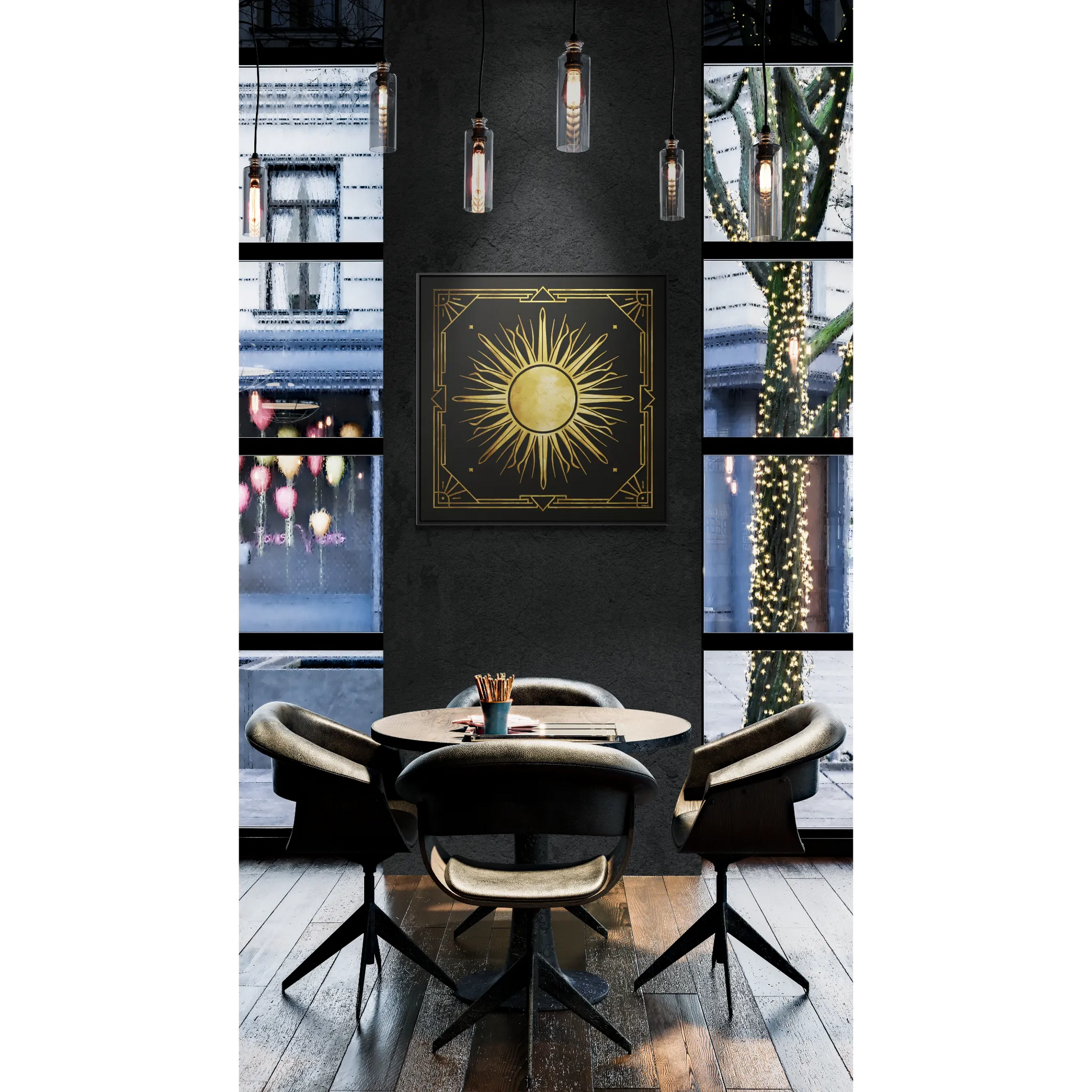 Canvas Wall Art, Black and Distressed Gold Art Deco Sun Square, Framed Decor, Dramatic Retro Style, Home Decoration, Square Frame - LOLA VEGAS ART