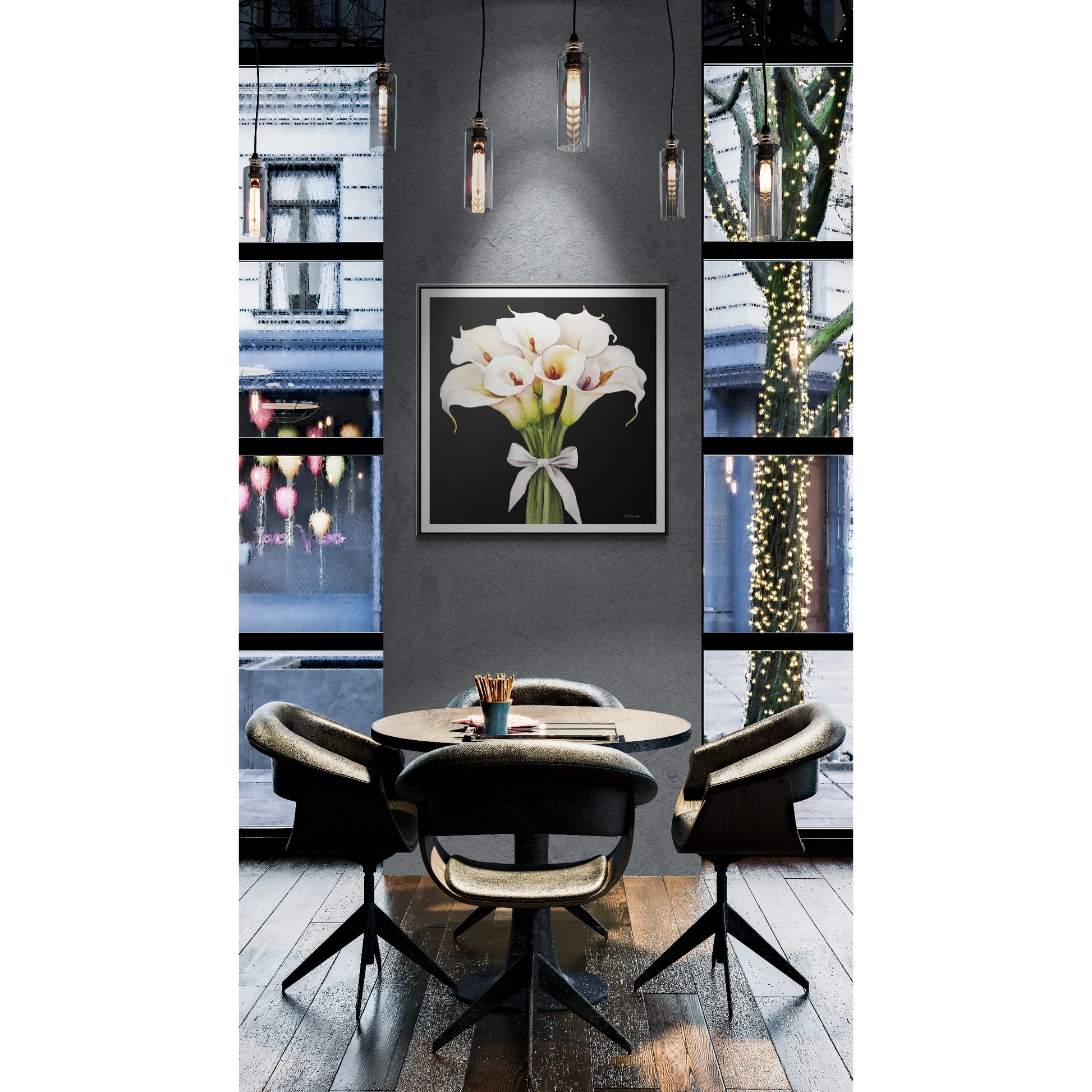 Square Frame Canvas Wall Art - White Calla Lillies Bouquet Painting, Gallery Canvas Wraps, Square Frame, Home Decor, Floral Art, Black - LOLA VEGAS ART