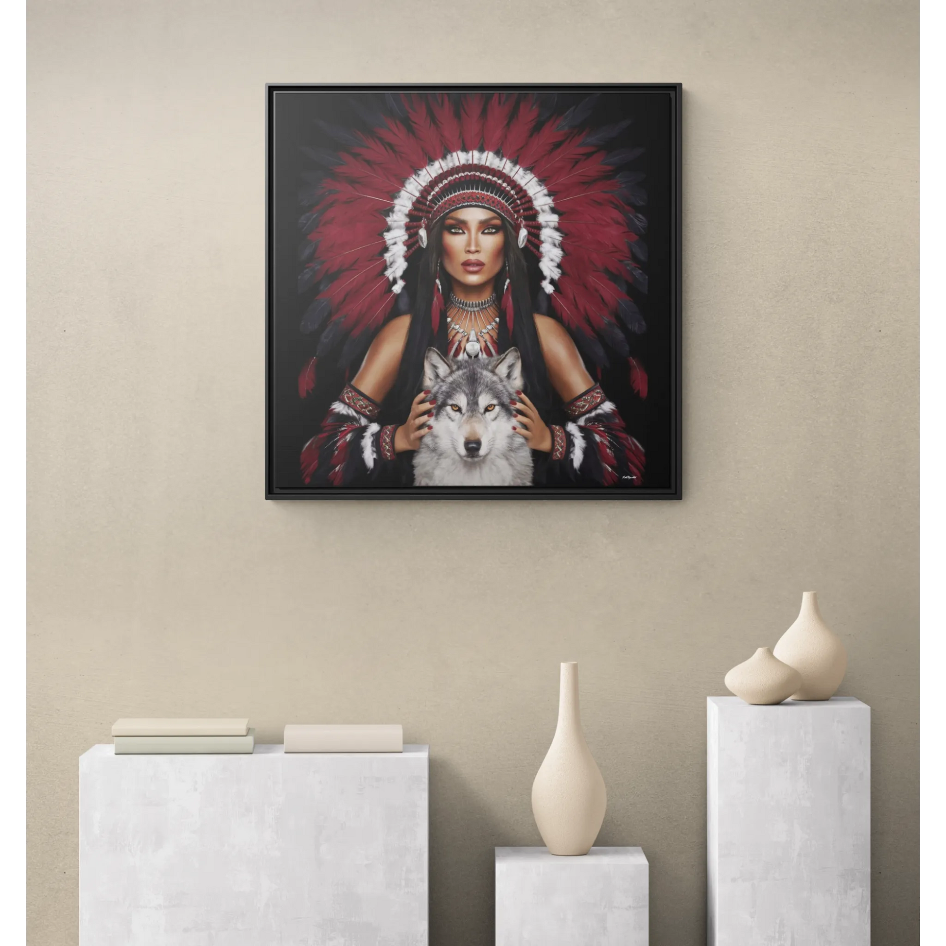Canvas Wall Art,  Woman with White Wolf, Southwestern Home Decor, Square Framed Print, Multi-color, Burgundy Black Feather - LOLA VEGAS ART