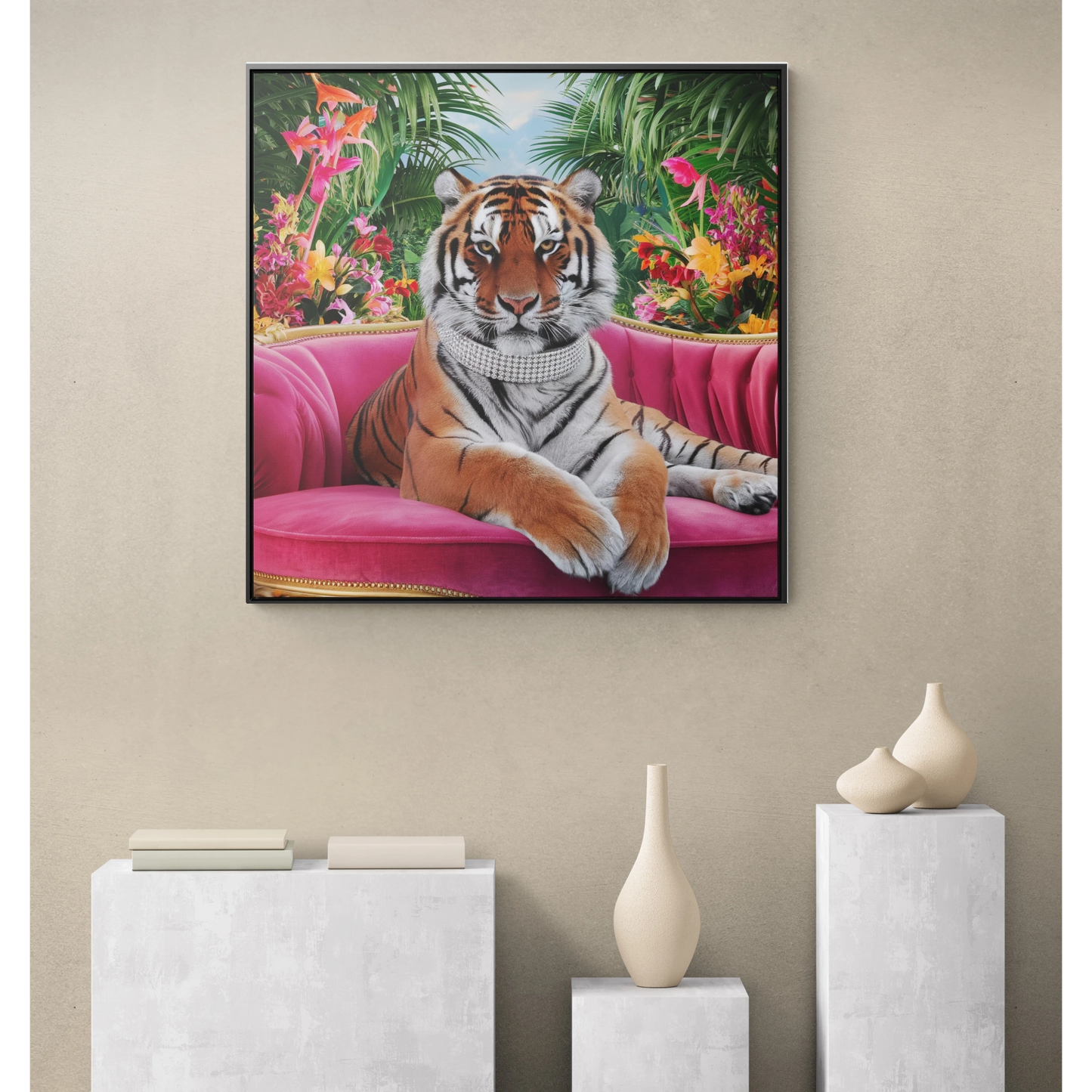 Tiger Square Canvas Wrap Wall Art, Majestic Tropical Flowers Regal Nature Home Decor, Pink Velvet Couch Animal Print, Jungle Theme Room - LOLA VEGAS ART