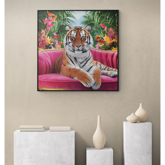 Tiger Square Canvas Wrap Wall Art, Majestic Tropical Flowers Regal Nature Home Decor, Pink Velvet Couch Animal Print, Jungle Theme Room - LOLA VEGAS ART