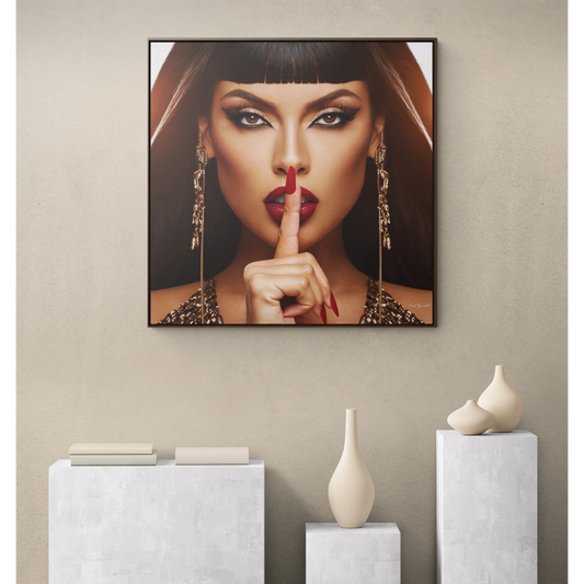 Square Frame Canvas Wall Art - Fine Art Photography of Egyptian Woman, Red Lips, Glamorous Decor, Fashionista, Be Quiet Sign, Gallery Canvas - LOLA VEGAS ART