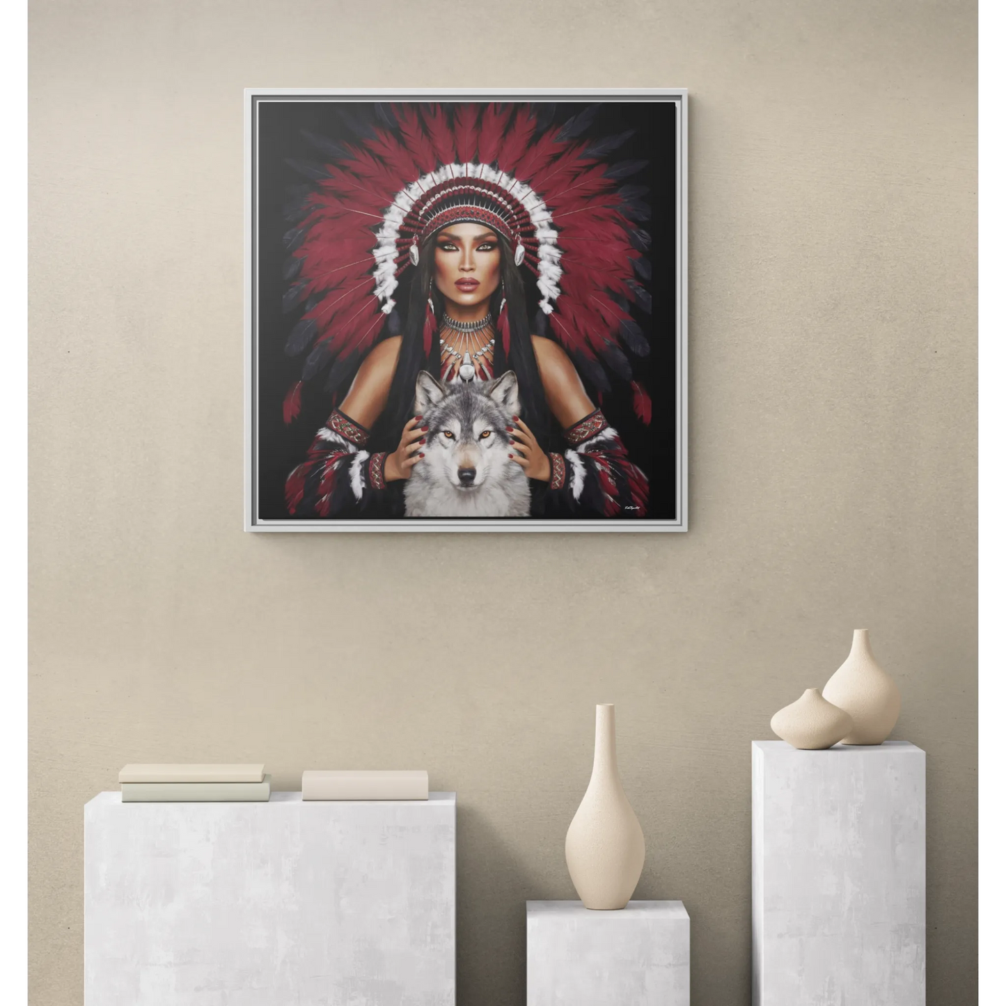 Canvas Wall Art,  Woman with White Wolf, Southwestern Home Decor, Square Framed Print, Multi-color, Burgundy Black Feather - LOLA VEGAS ART