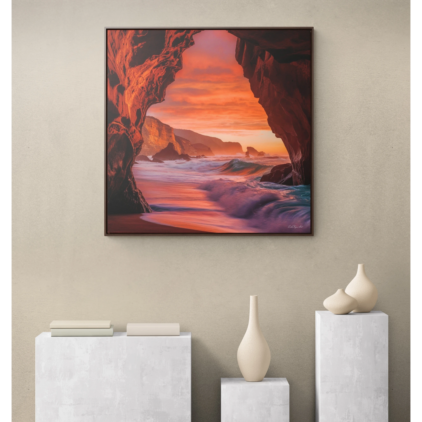 Ocean Beach Sunset Square Framed Canvas Wall Art, Coastal Gallery Canvas Wraps, Square Frame Decor, Beach Cave View Art Print Gift, Home - LOLA VEGAS ART