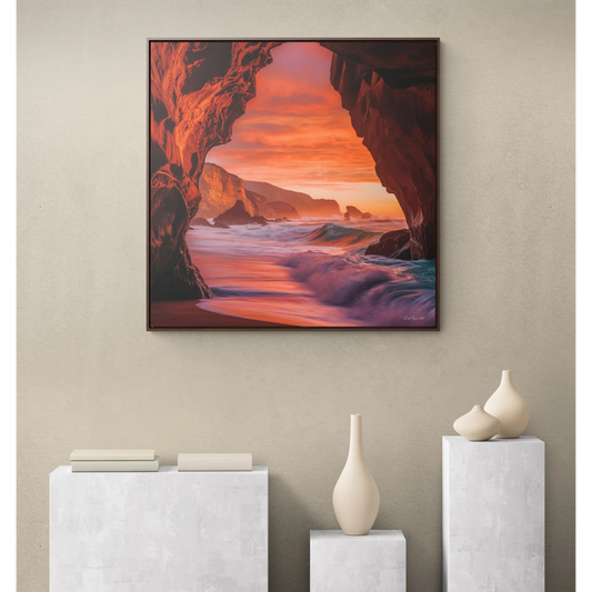 Ocean Beach Sunset Square Framed Canvas Wall Art, Coastal Gallery Canvas Wraps, Square Frame Decor, Beach Cave View Art Print Gift, Home - LOLA VEGAS ART