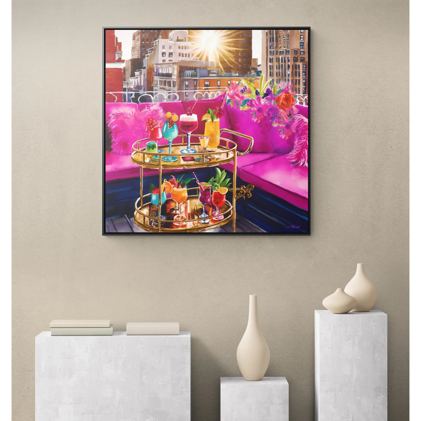 Fashionista Square Canvas Wall Art NYC Rooftop Deck, Hot Pink Couch, Cocktails, Glamorous & Feminine, Pink Decor, Trendy, Glam Girl - LOLA VEGAS ART